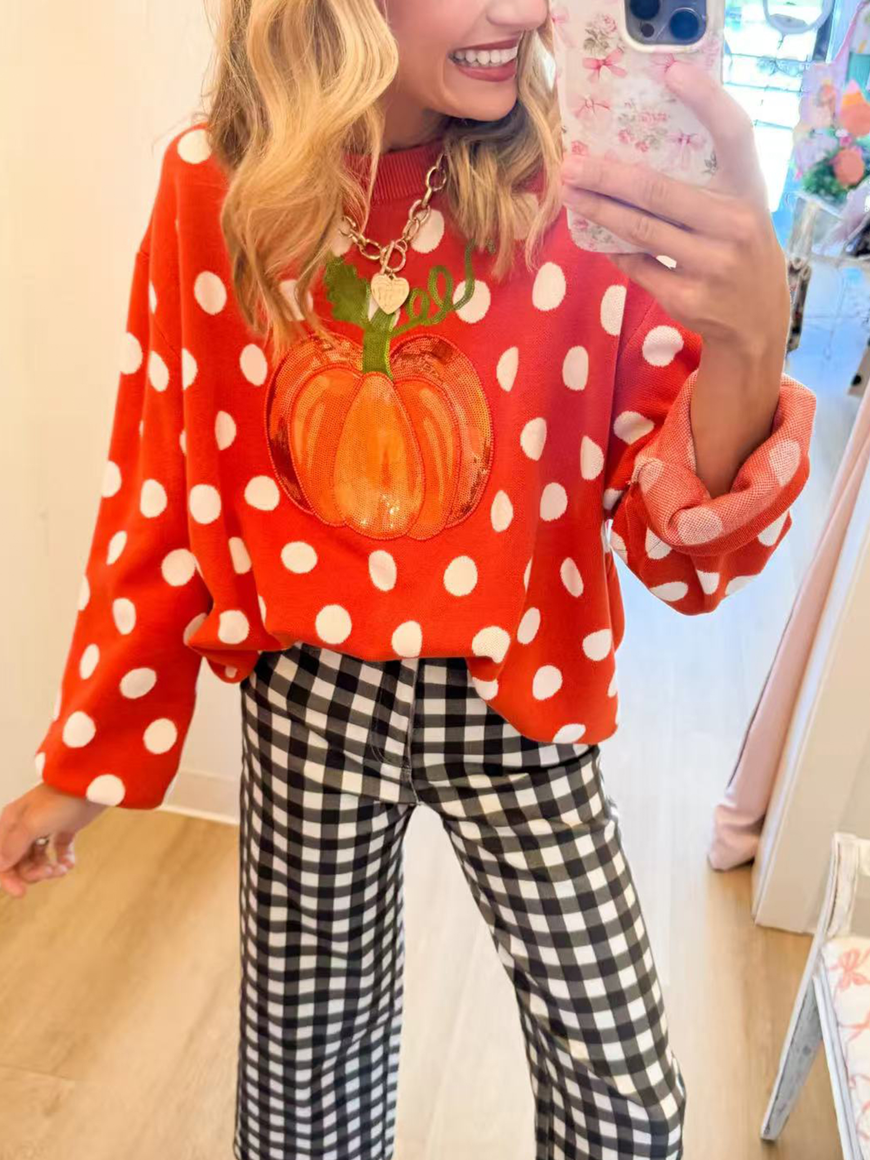 Sequin Pumpkin Polka Dot Knit Sweater