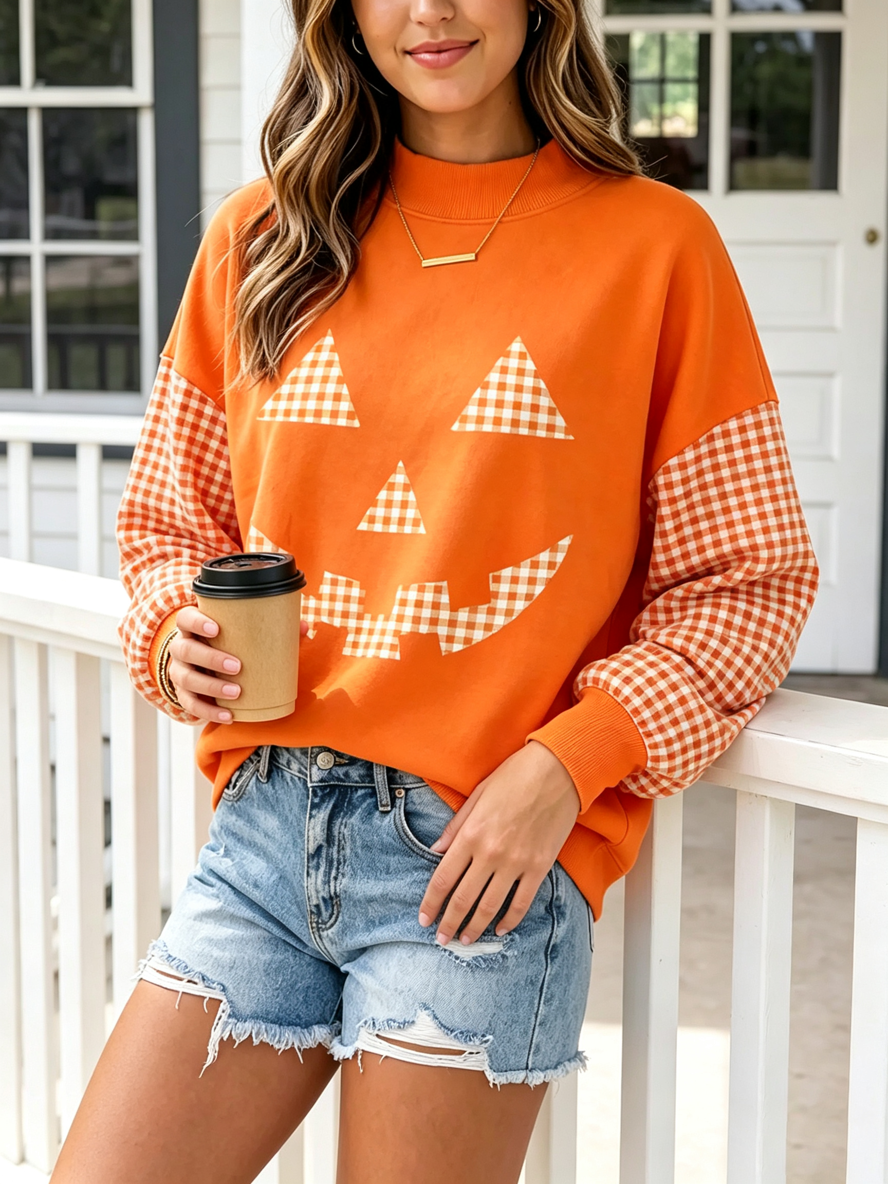 Gingham Pumpkin Face Patchwork Sweatshirt