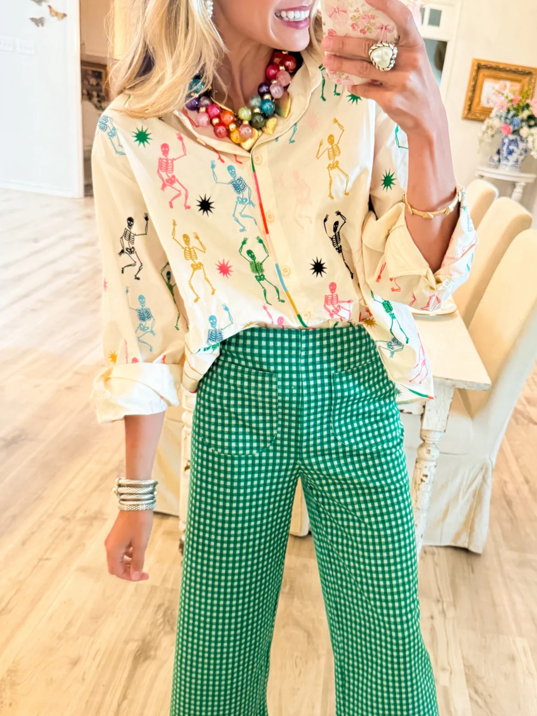 Colorful Dancing Skeletons Embroidered Button-Down Shirt