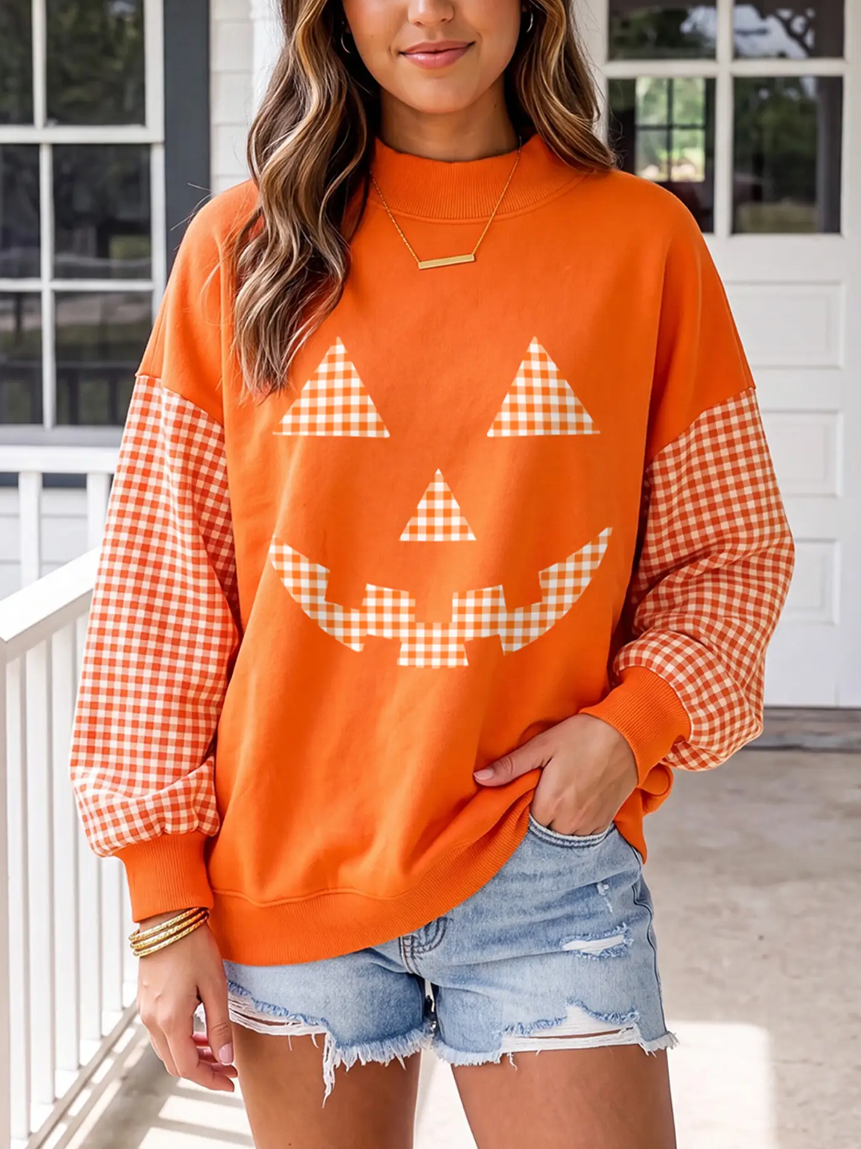 Gingham Pumpkin Face Patchwork Sweatshirt