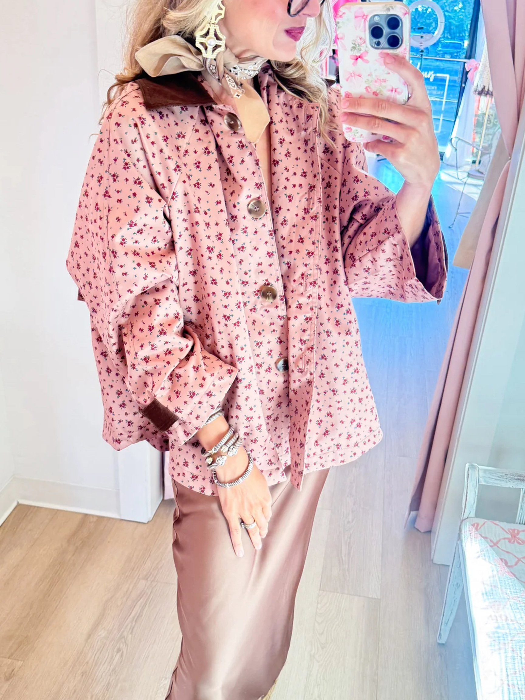 Vintage Floral Print Contrast Collar Jacket