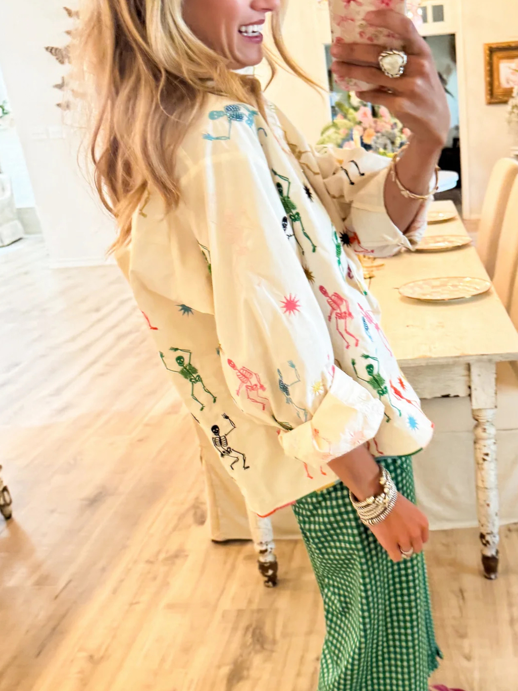 Colorful Dancing Skeletons Embroidered Button-Down Shirt