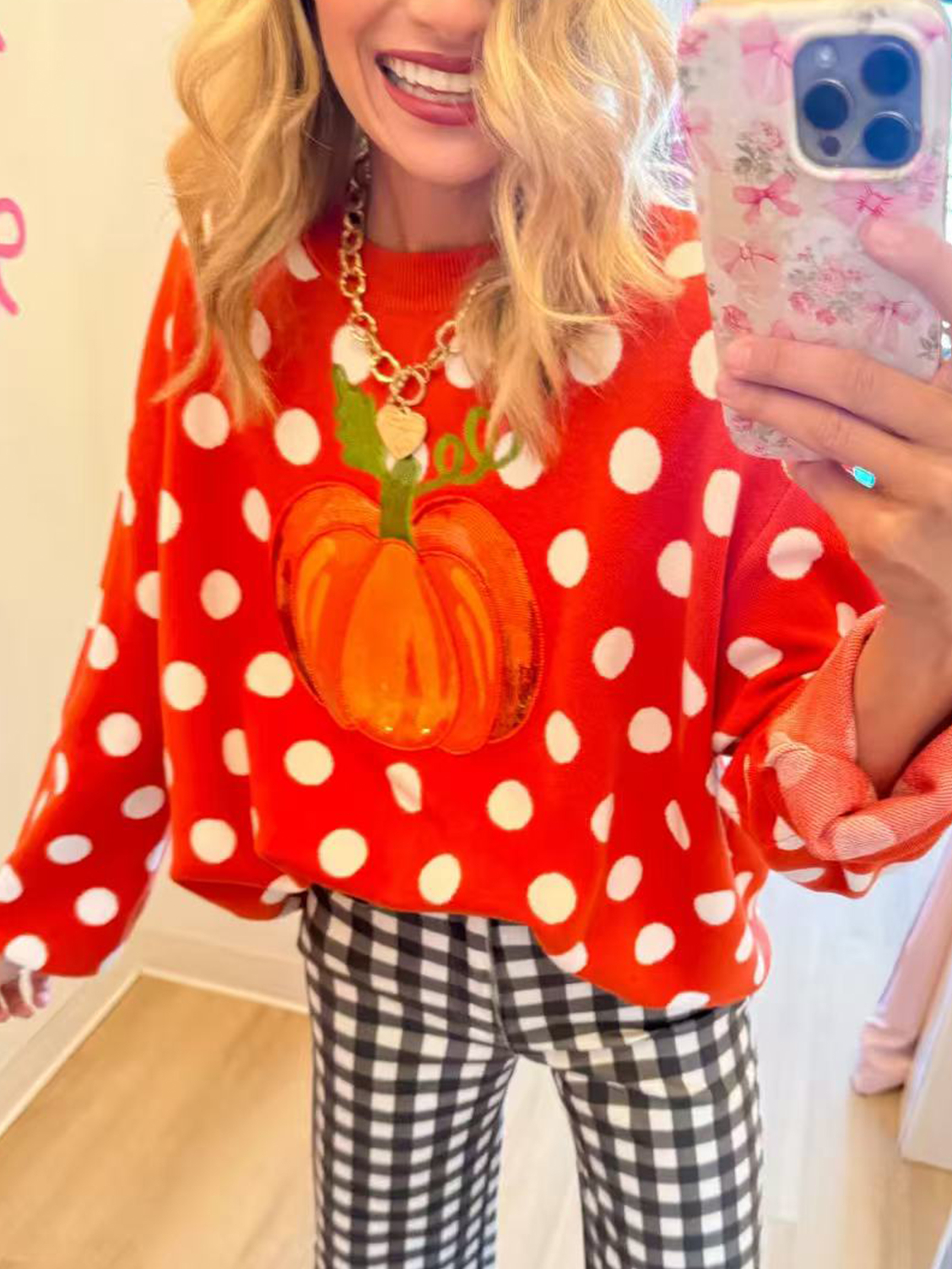Sequin Pumpkin Polka Dot Knit Sweater