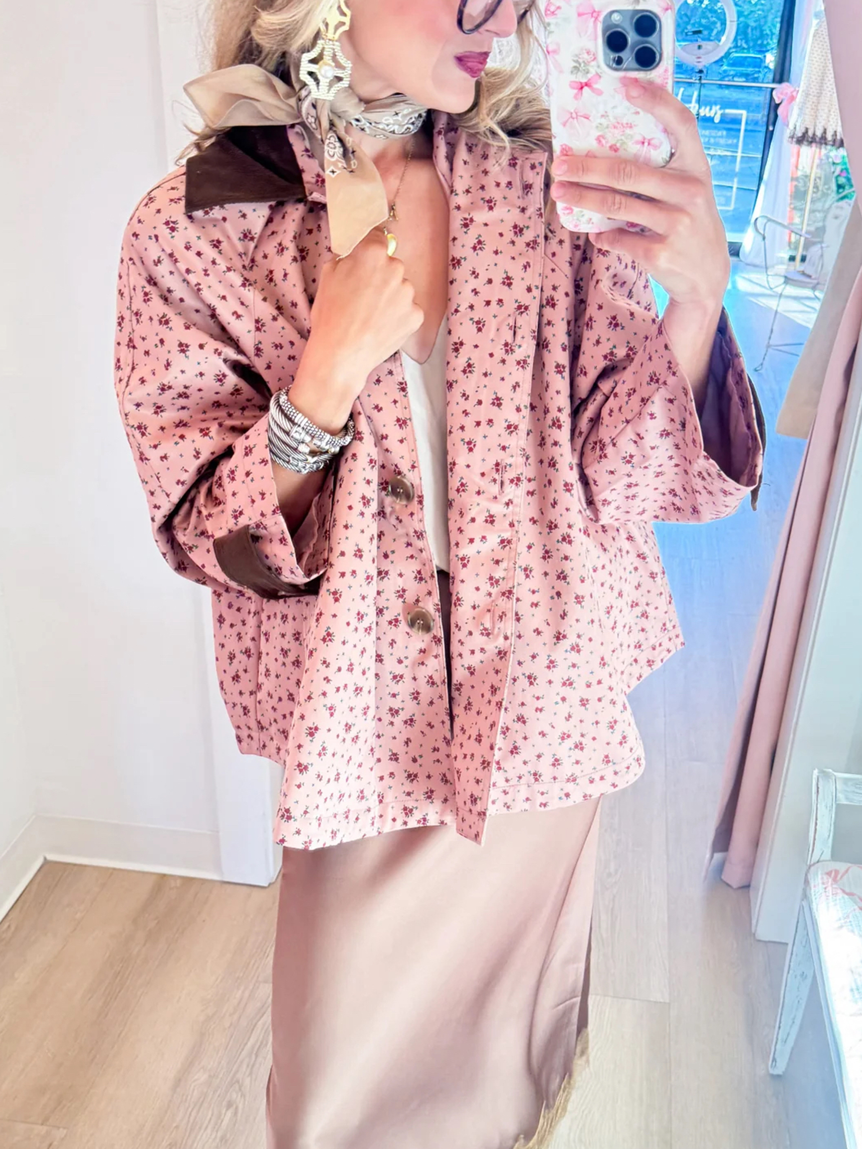 Vintage Floral Print Contrast Collar Jacket
