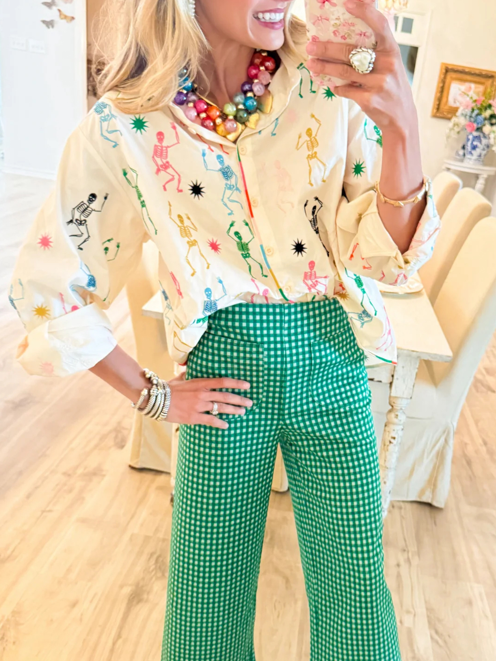 Colorful Dancing Skeletons Embroidered Button-Down Shirt