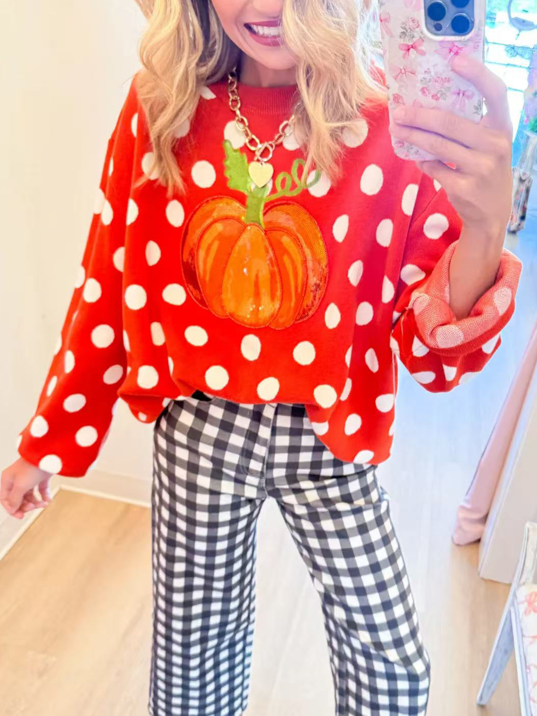 Sequin Pumpkin Polka Dot Knit Sweater