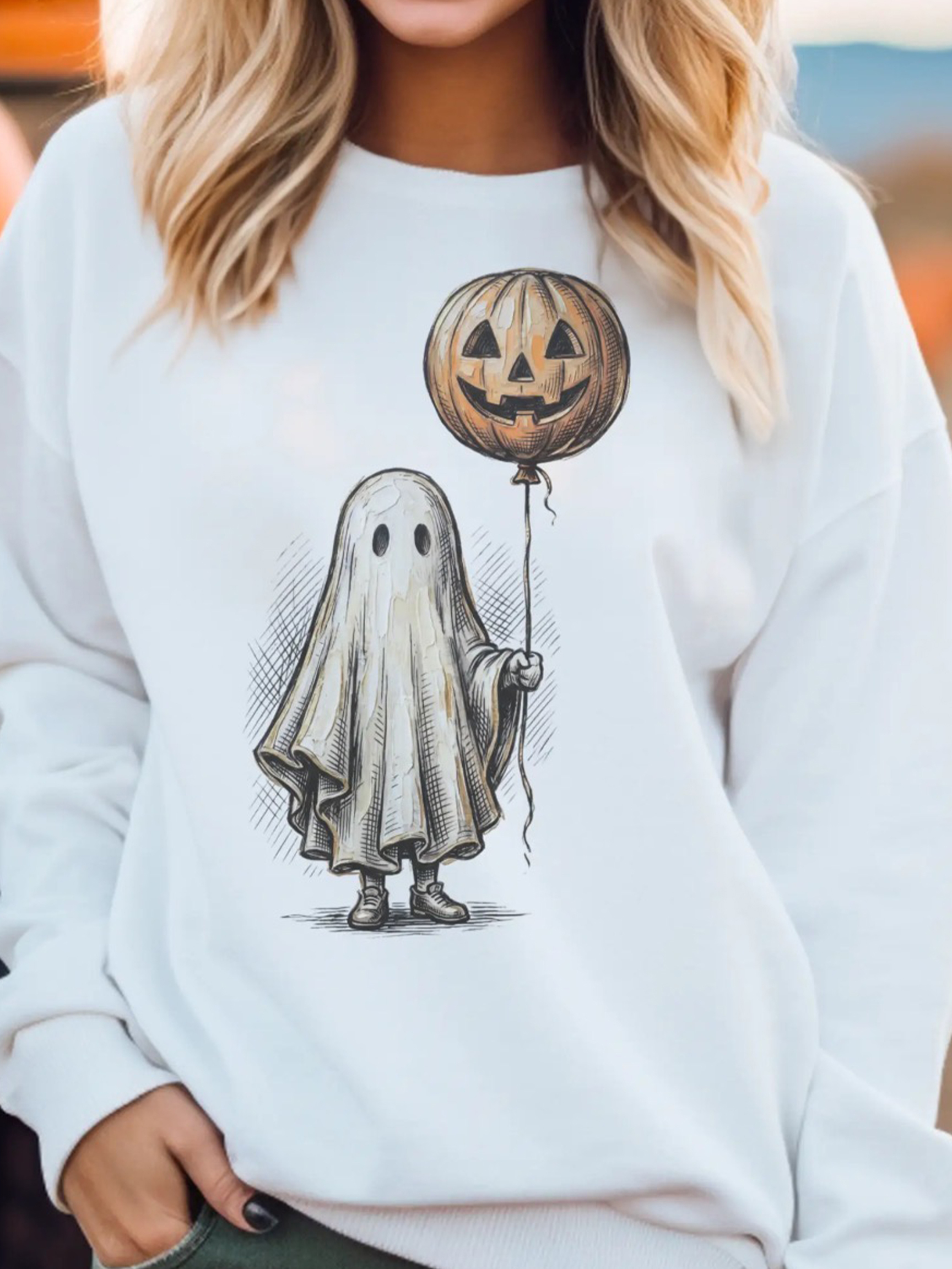 Vintage Sketch Ghost & Pumpkin Balloon Pullover Sweatshirt