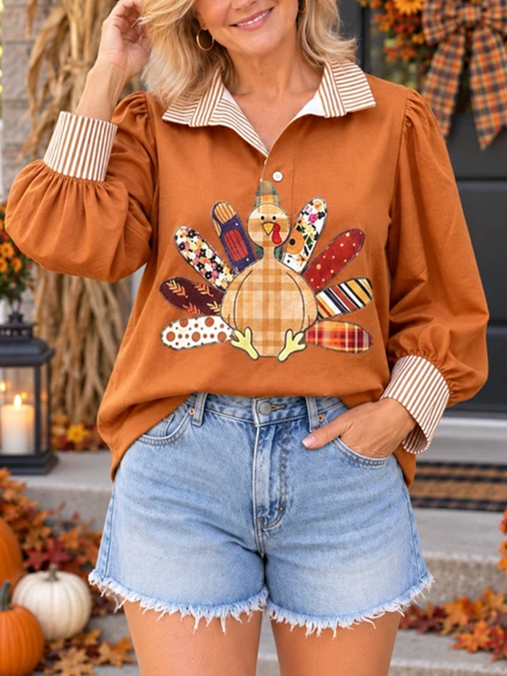 Patchwork Turkey Graphic Collared Pullover Top