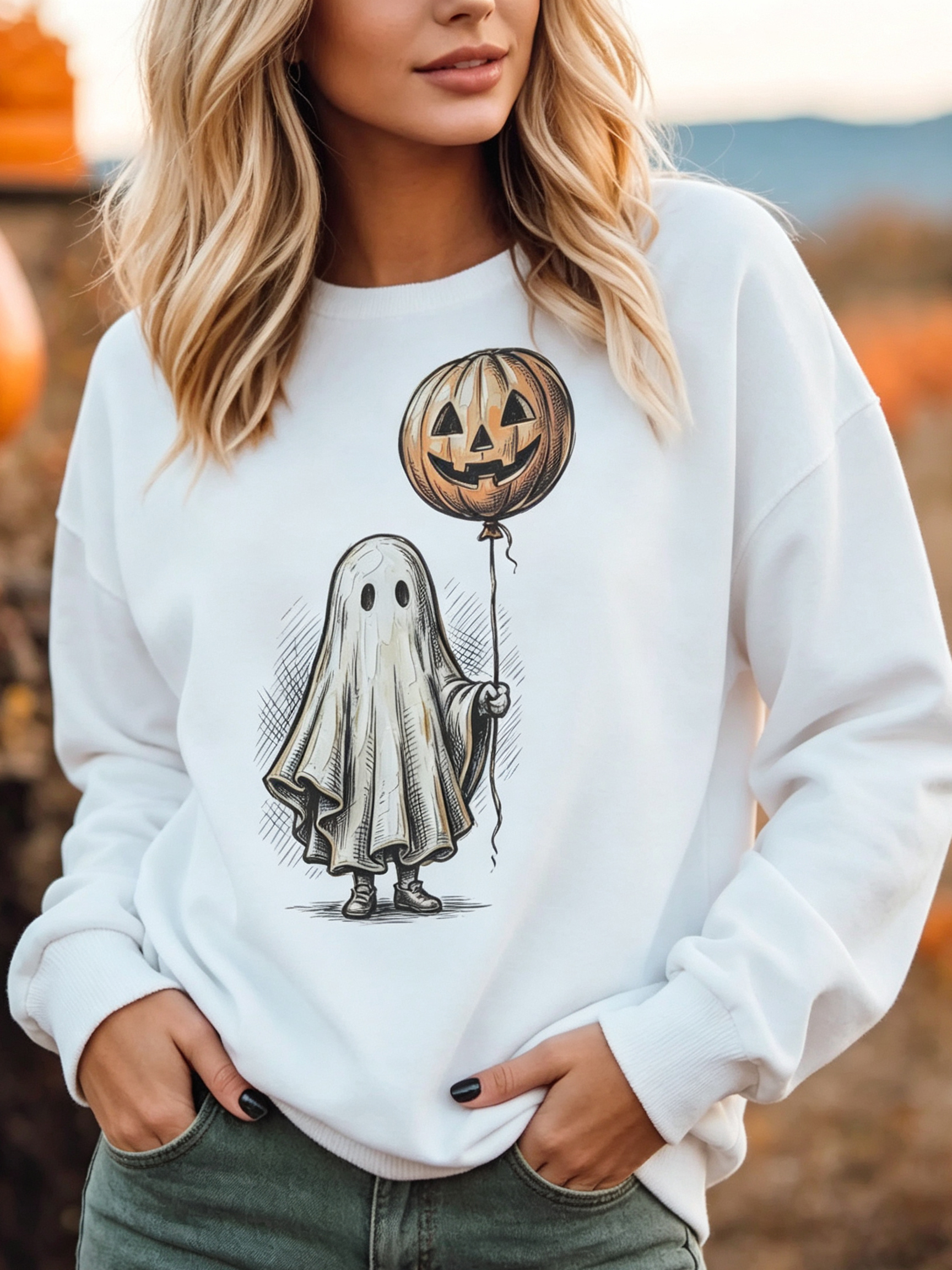 Vintage Sketch Ghost & Pumpkin Balloon Pullover Sweatshirt