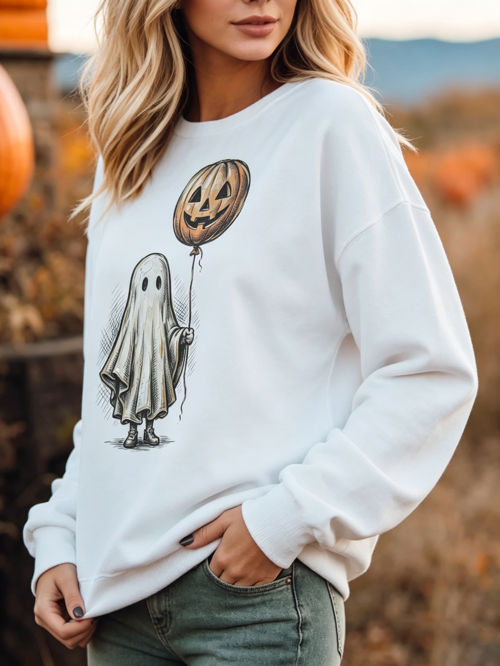 Vintage Sketch Ghost & Pumpkin Balloon Pullover Sweatshirt
