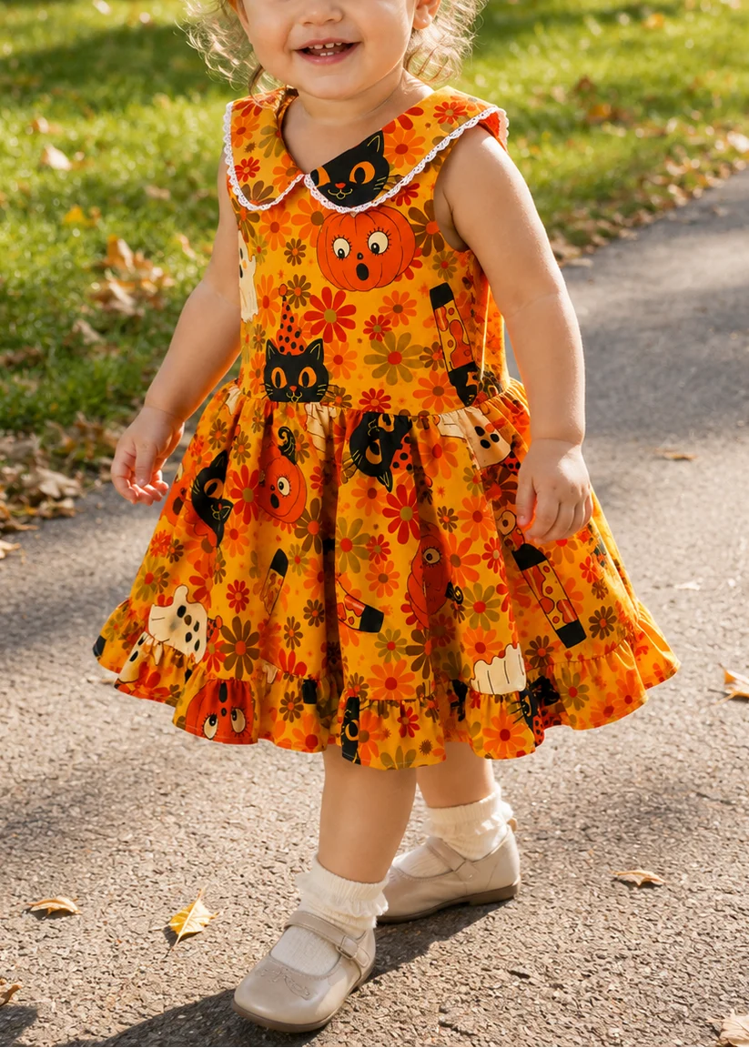 Kids Fall Halloween Cartoon Print Sleeveless Swing Dress for Little Girls