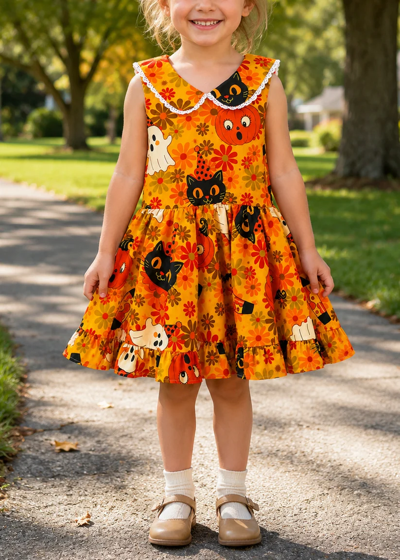 Kids Fall Halloween Cartoon Print Sleeveless Swing Dress for Little Girls