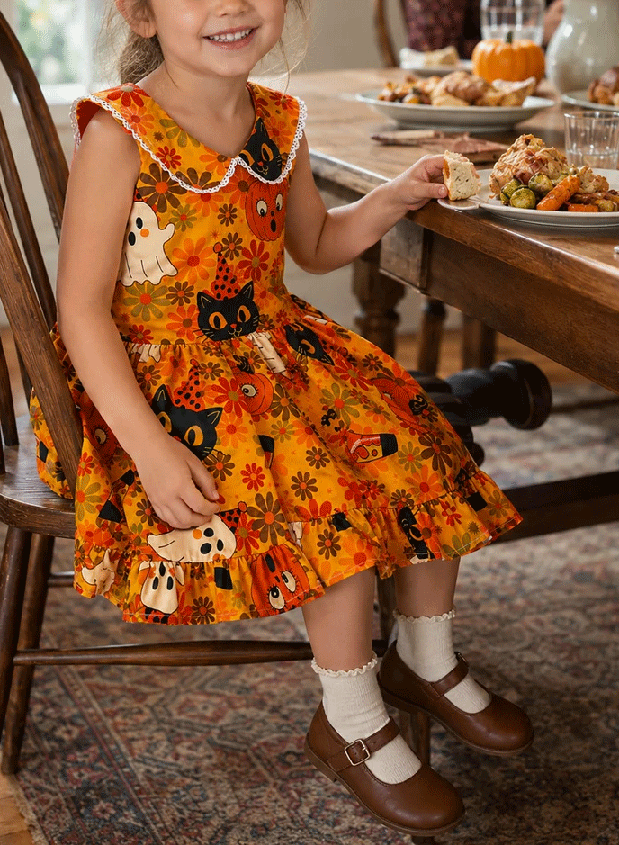 Kids Fall Halloween Cartoon Print Sleeveless Swing Dress for Little Girls