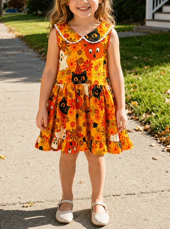 Kids Fall Halloween Cartoon Print Sleeveless Swing Dress for Little Girls