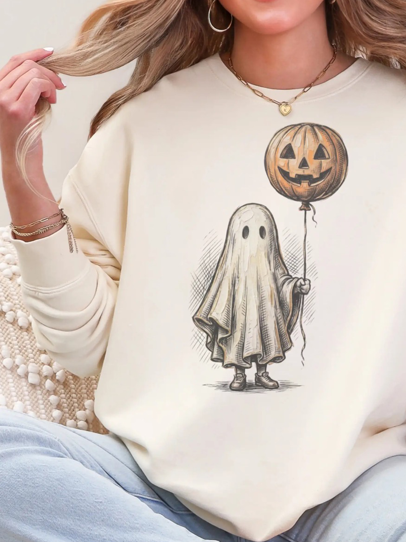 Vintage Sketch Ghost & Pumpkin Balloon Pullover Sweatshirt