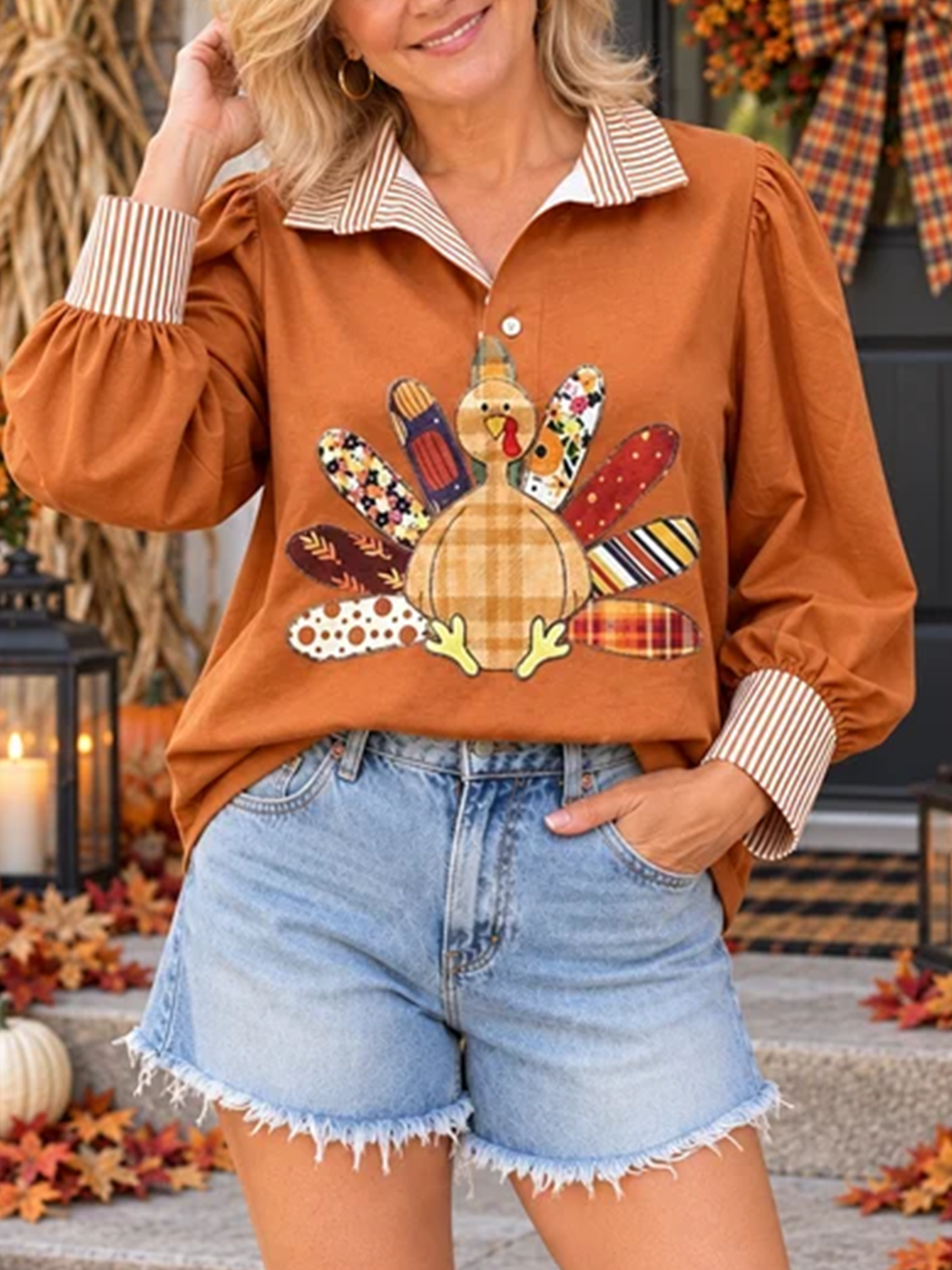 Patchwork Turkey Graphic Collared Pullover Top