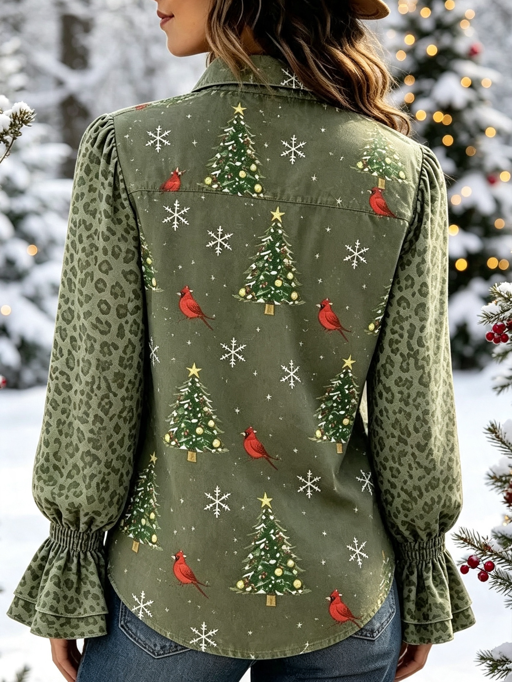 Holiday Cheer Leopard & Christmas tree snowflake print Button-Down Blouse