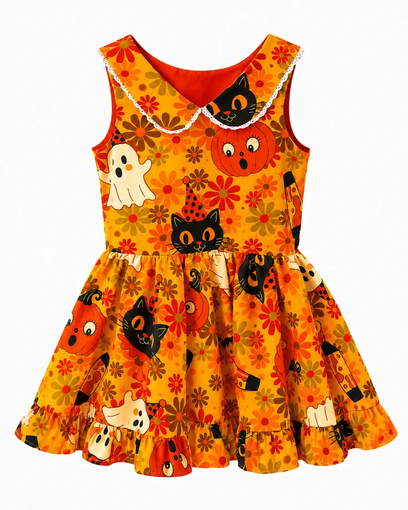 Kids Fall Halloween Cartoon Print Sleeveless Swing Dress for Little Girls