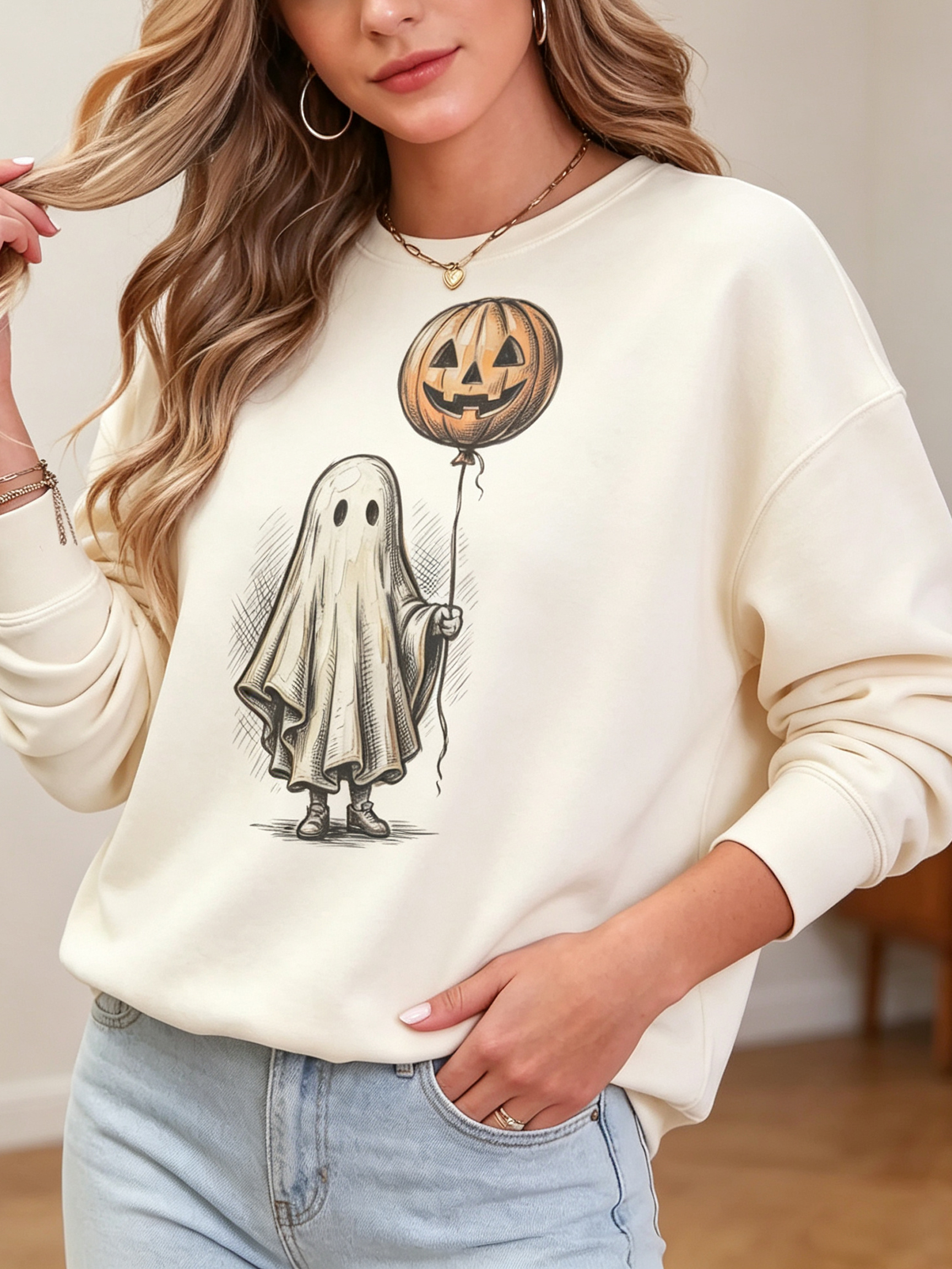 Vintage Sketch Ghost & Pumpkin Balloon Pullover Sweatshirt