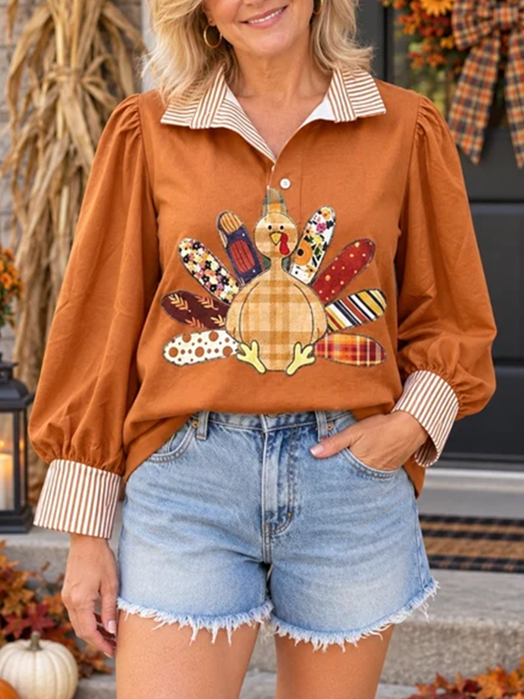 Patchwork Turkey Graphic Collared Pullover Top