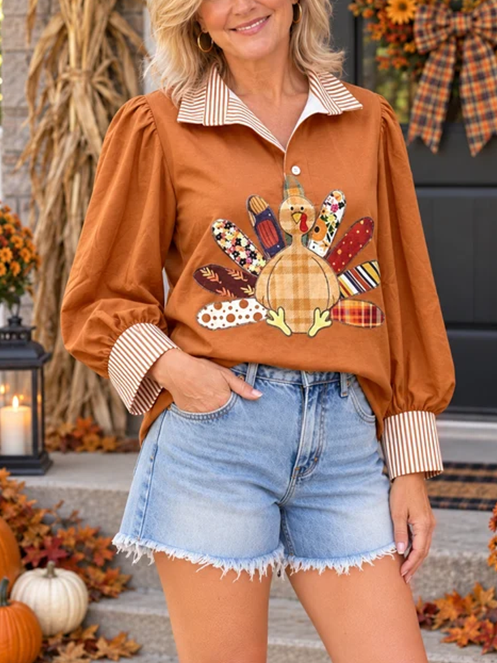 Patchwork Turkey Graphic Collared Pullover Top