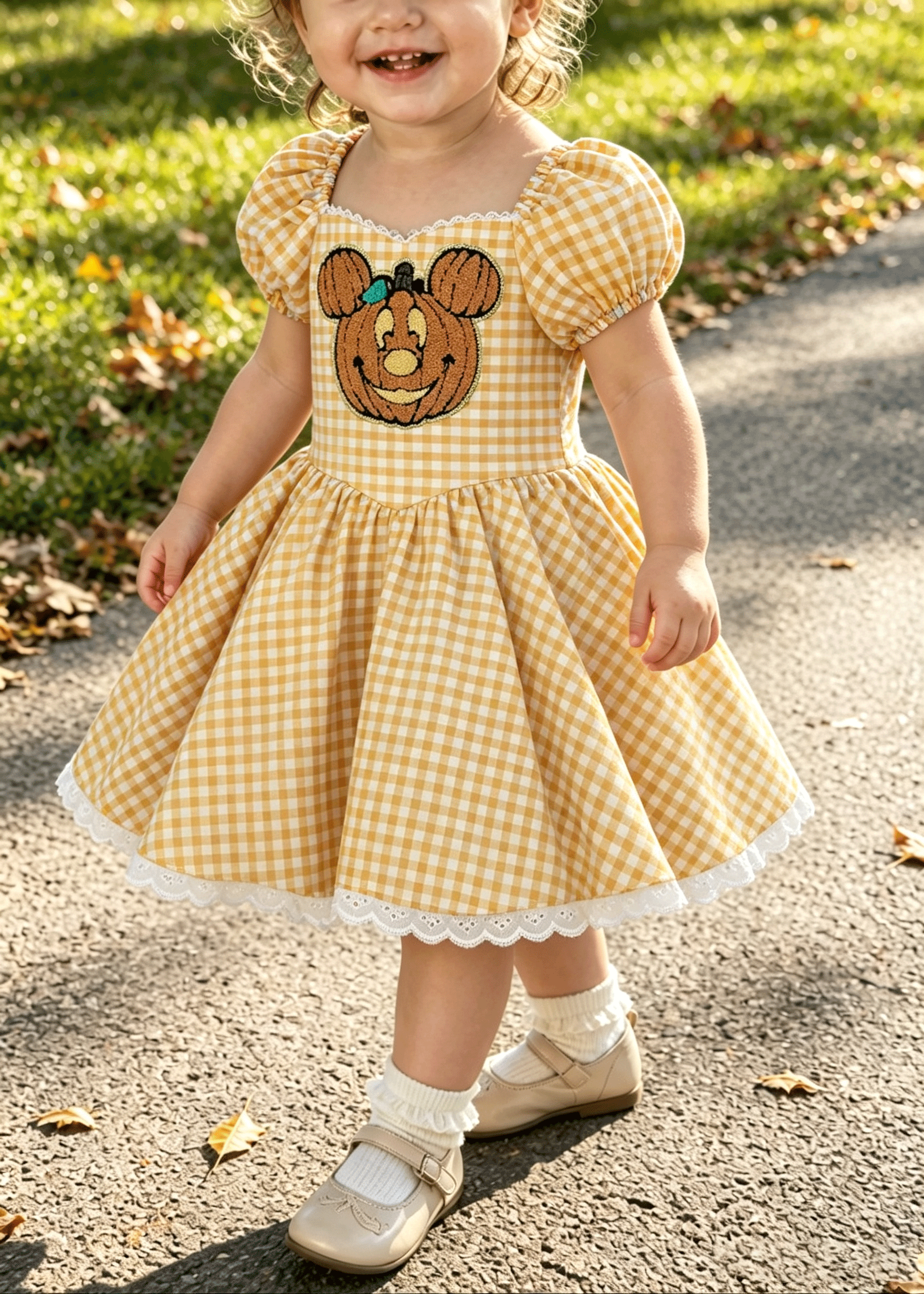 Little Girls Fall Halloween Pumpkin Applique Gingham Dress with Lace Hem