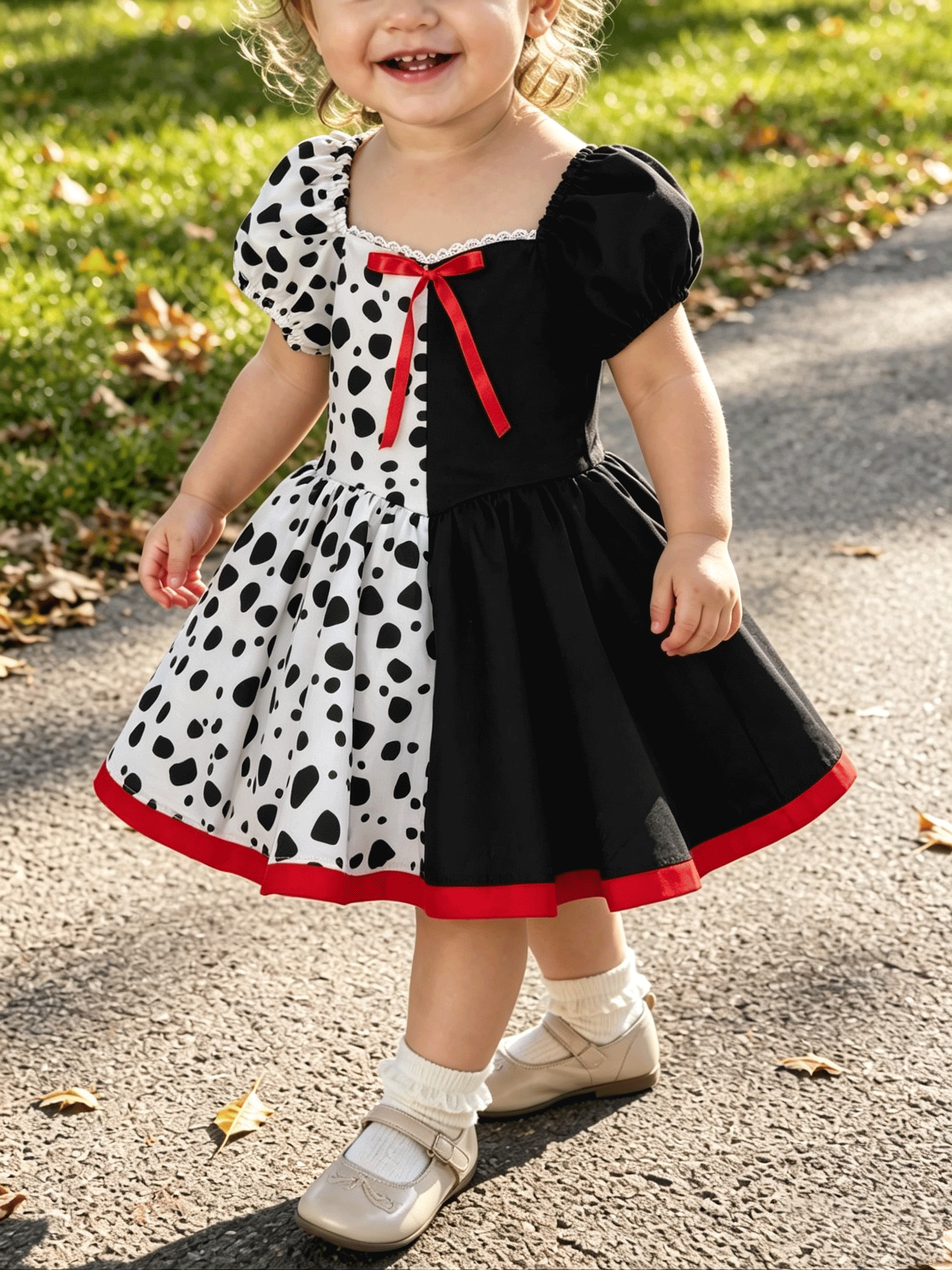 Little Girls Halloween Dalmatian Print Color Block Puff Sleeve Bow Twirl Dress