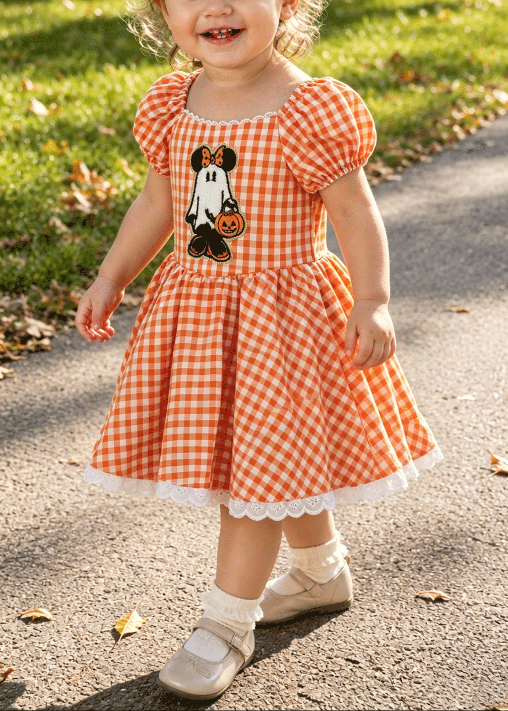 Toddler Halloween Orange Gingham Puff Sleeve Dress