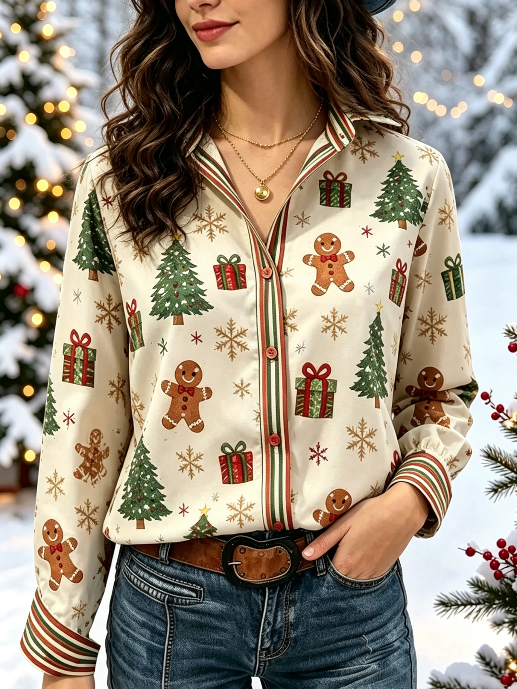 Gingerbread & Gifts Holiday Stripe-Trim Button-Down Blouse