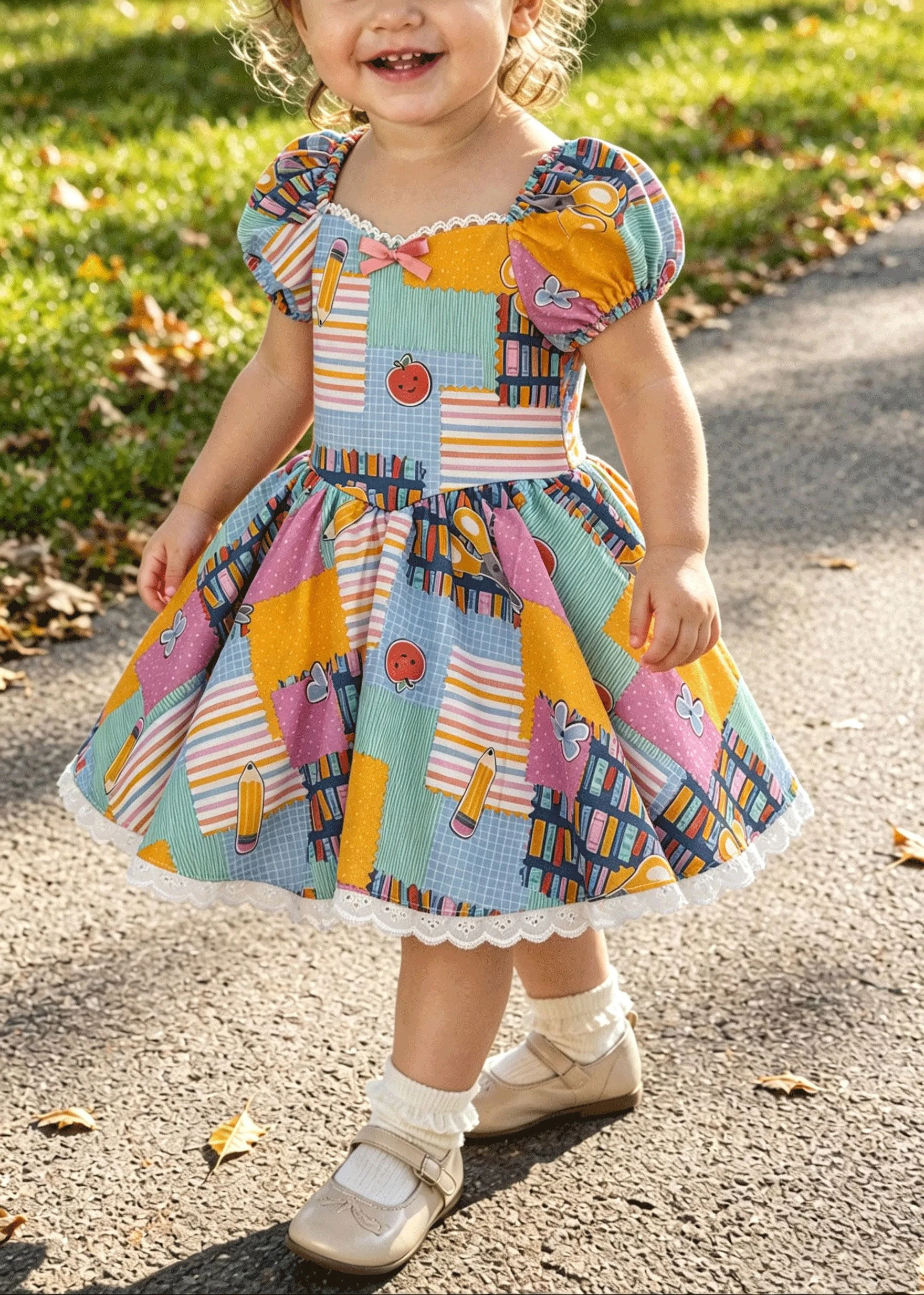 Little Girls Vibrant Cartoon Print Square Neck Bow Dress