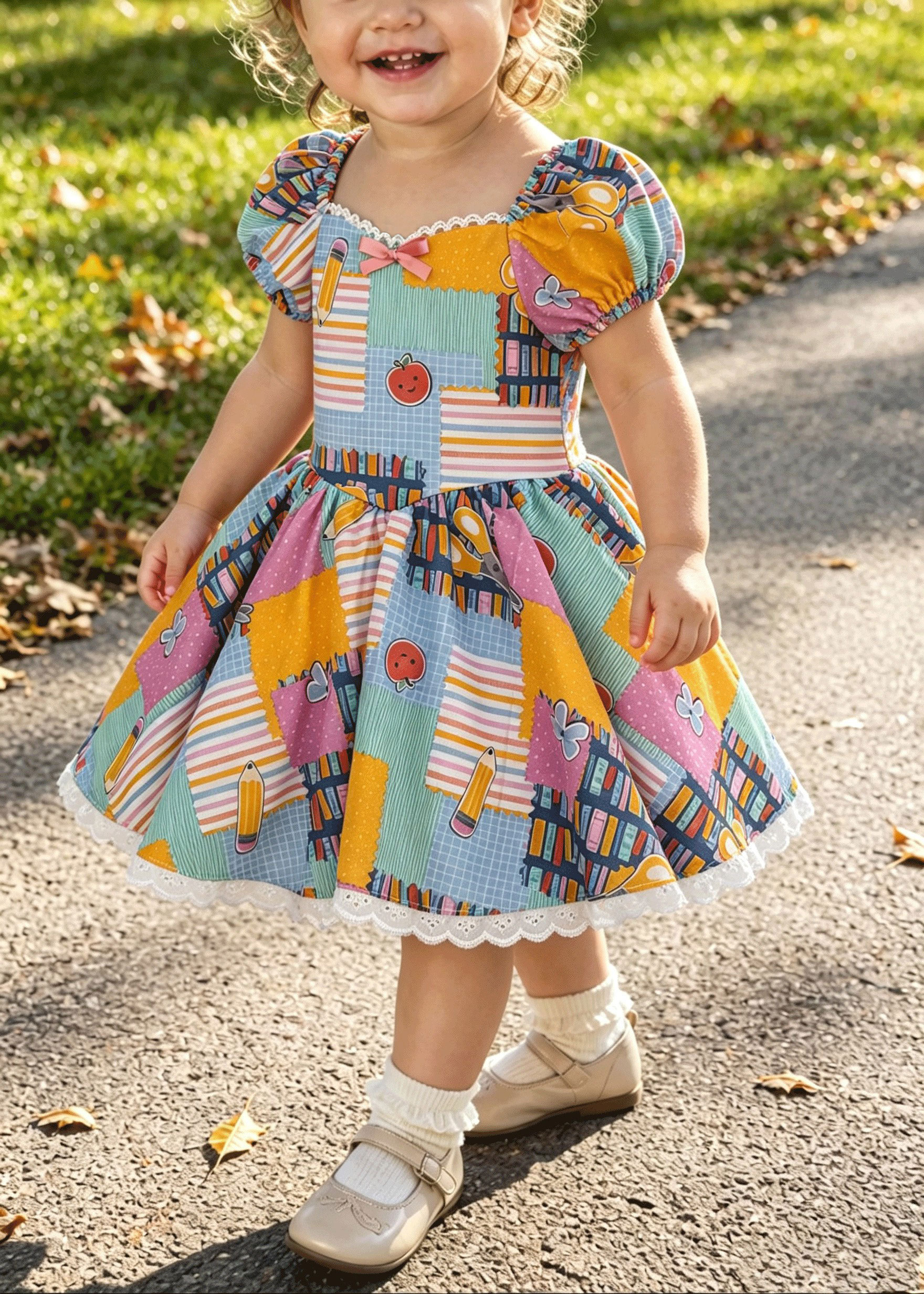 Little Girls Vibrant Cartoon Print Square Neck Bow Dress