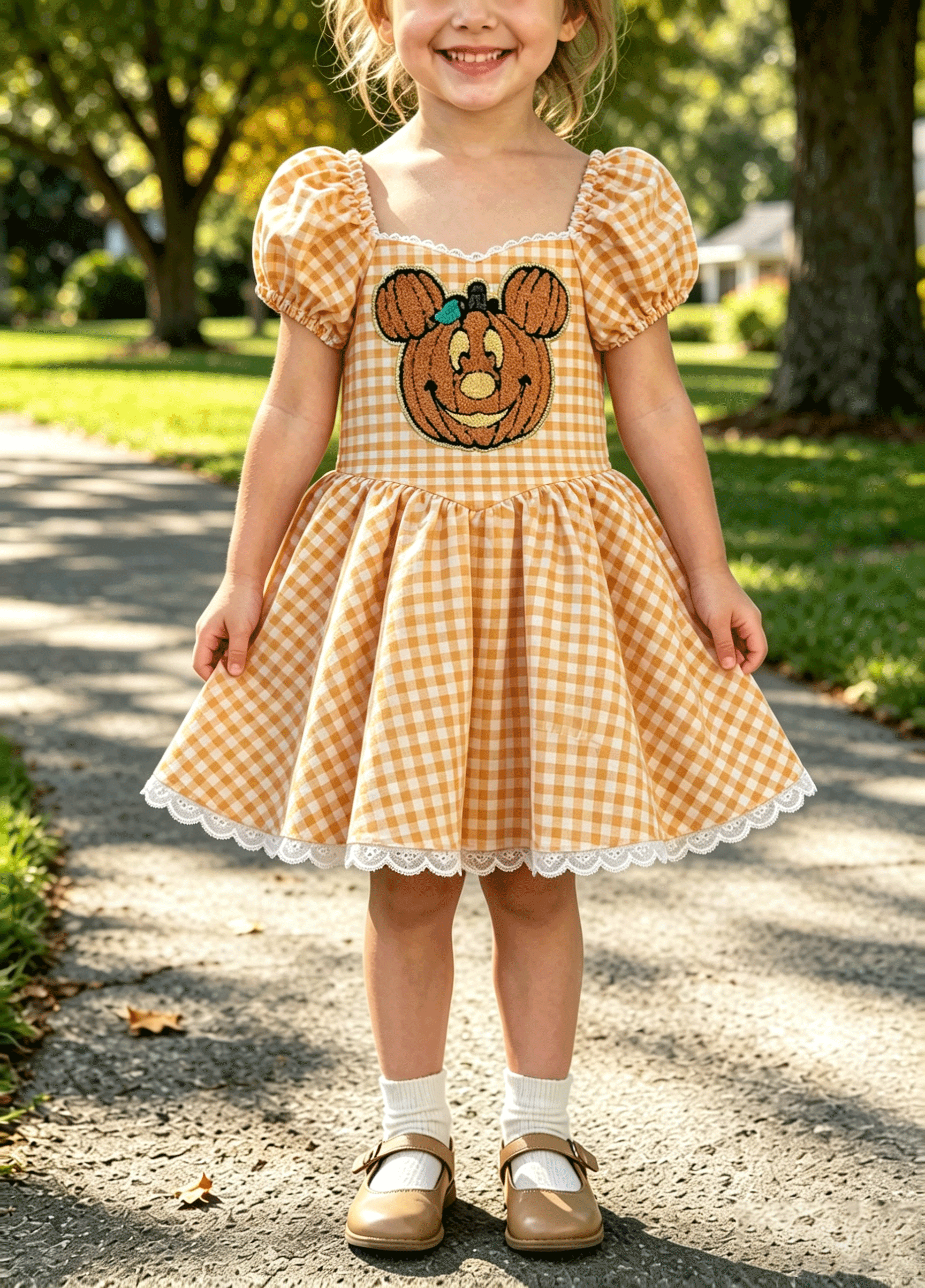 Little Girls Fall Halloween Pumpkin Applique Gingham Dress with Lace Hem