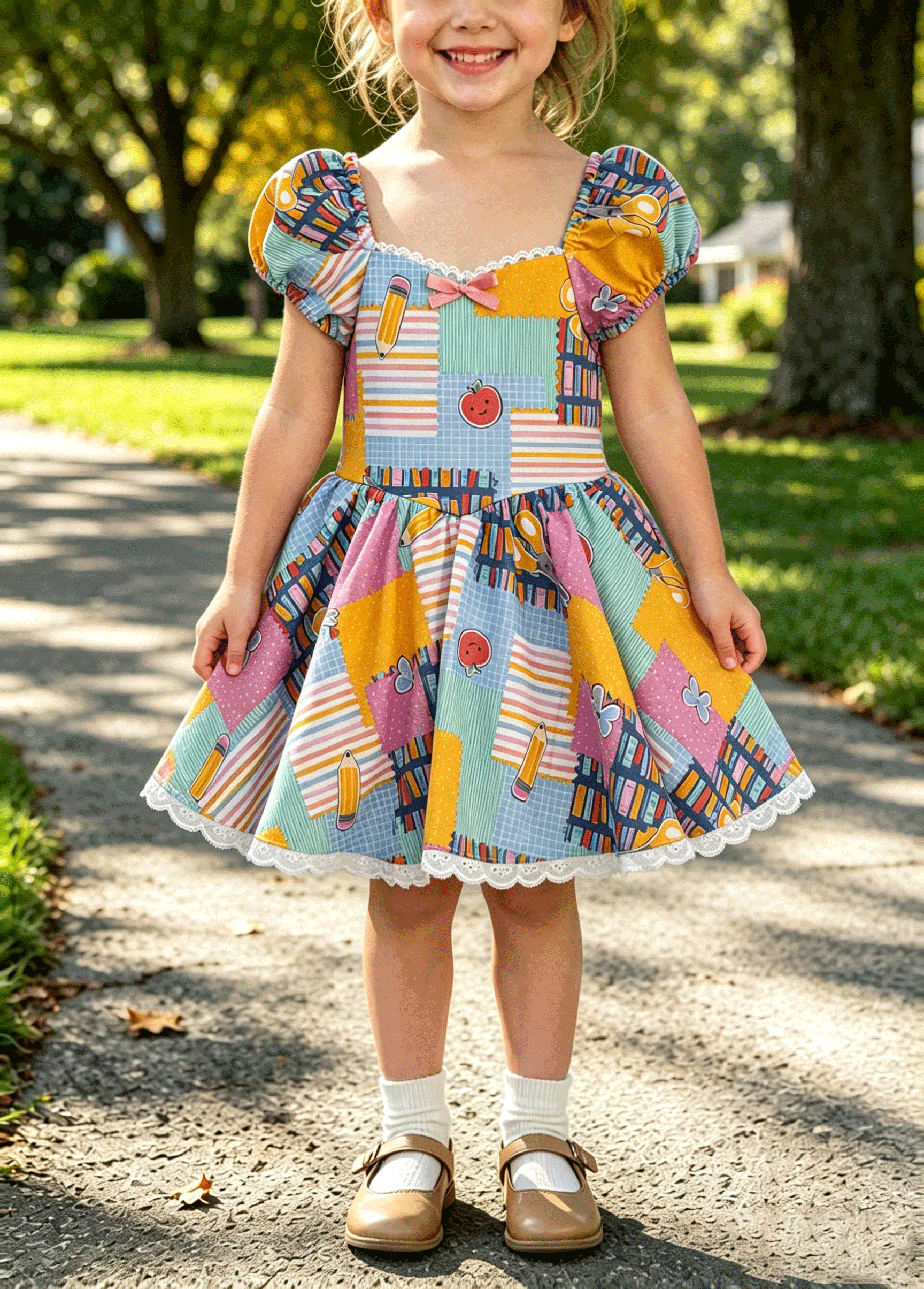 Little Girls Vibrant Cartoon Print Square Neck Bow Dress