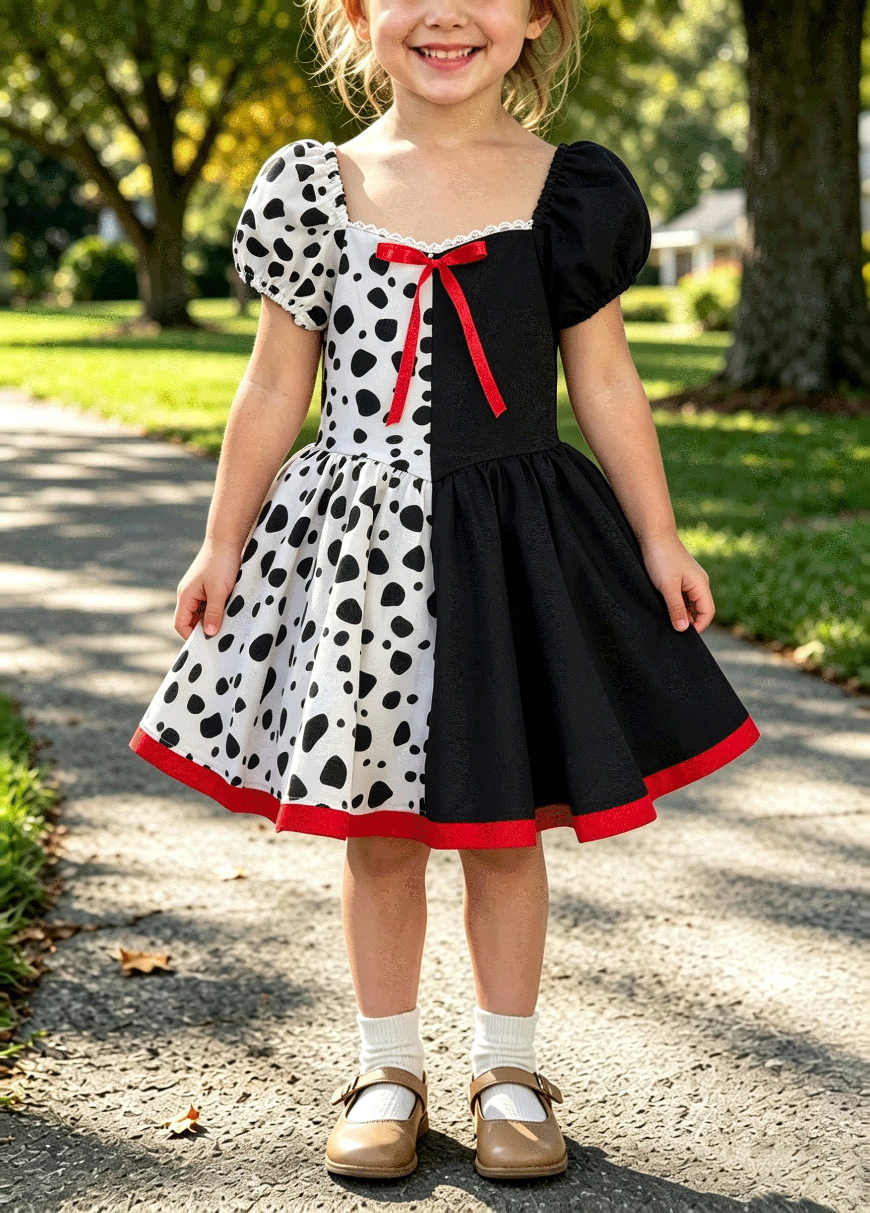 Little Girls Halloween Dalmatian Print Color Block Puff Sleeve Bow Twirl Dress