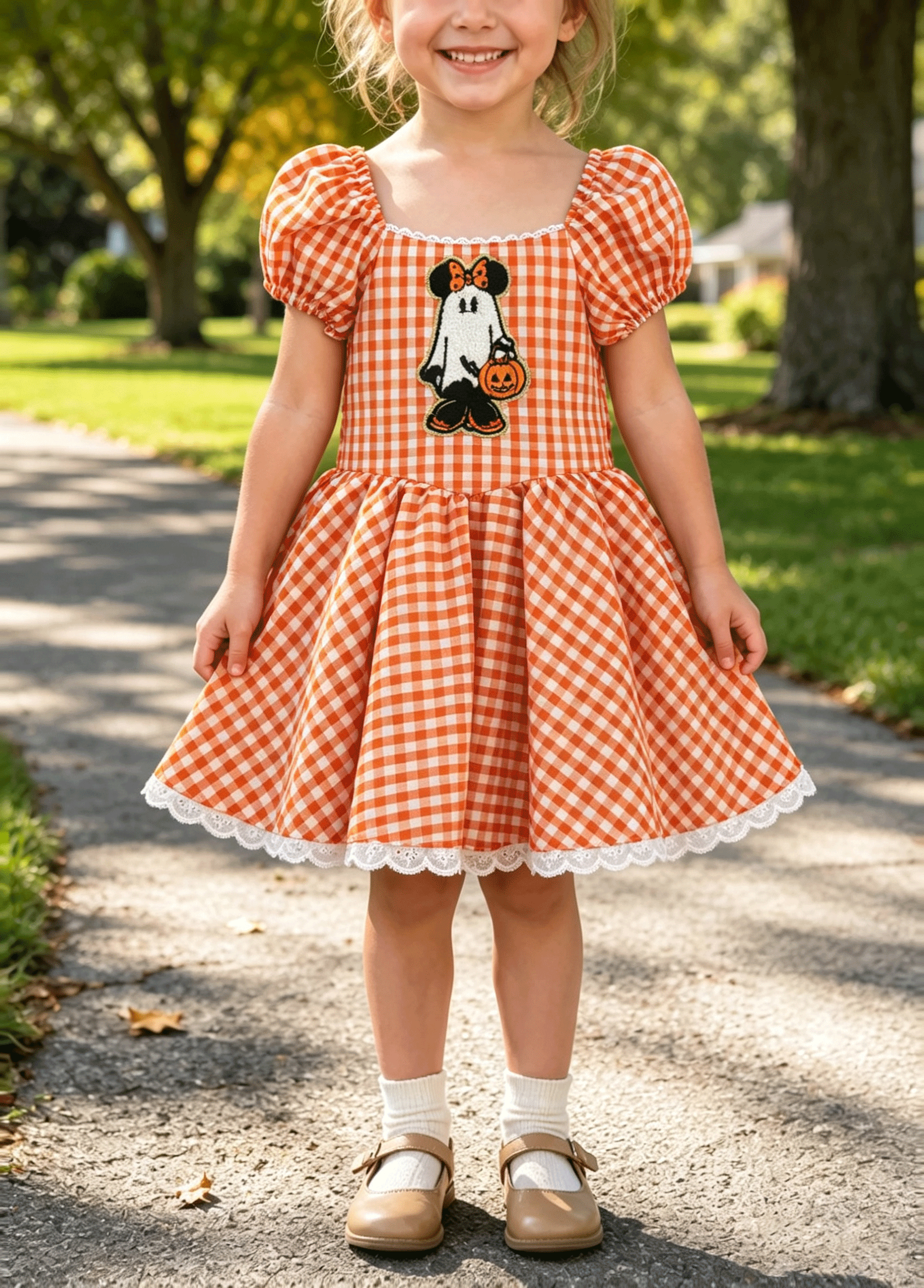 Toddler Halloween Orange Gingham Puff Sleeve Dress