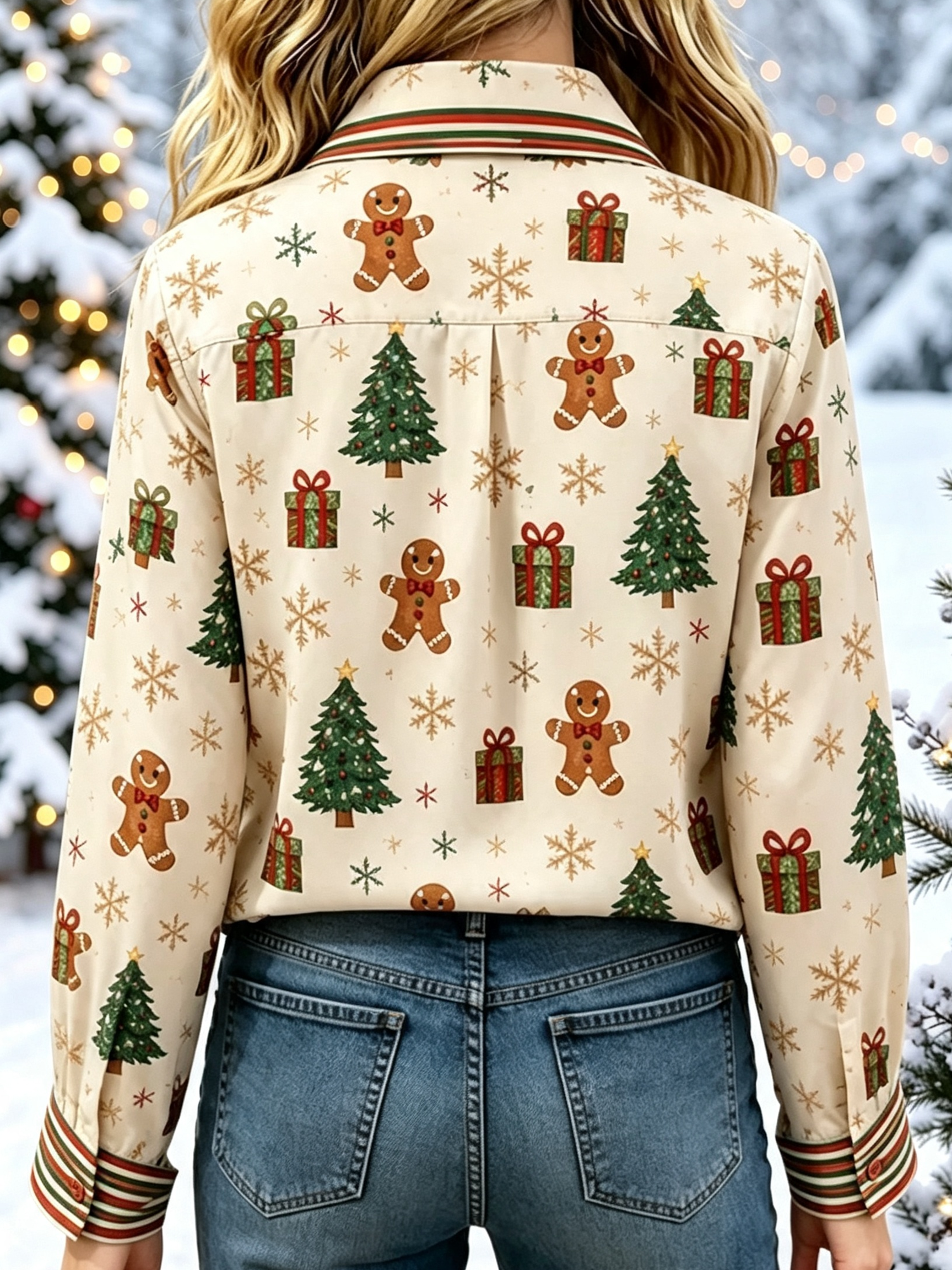 Gingerbread & Gifts Holiday Stripe-Trim Button-Down Blouse