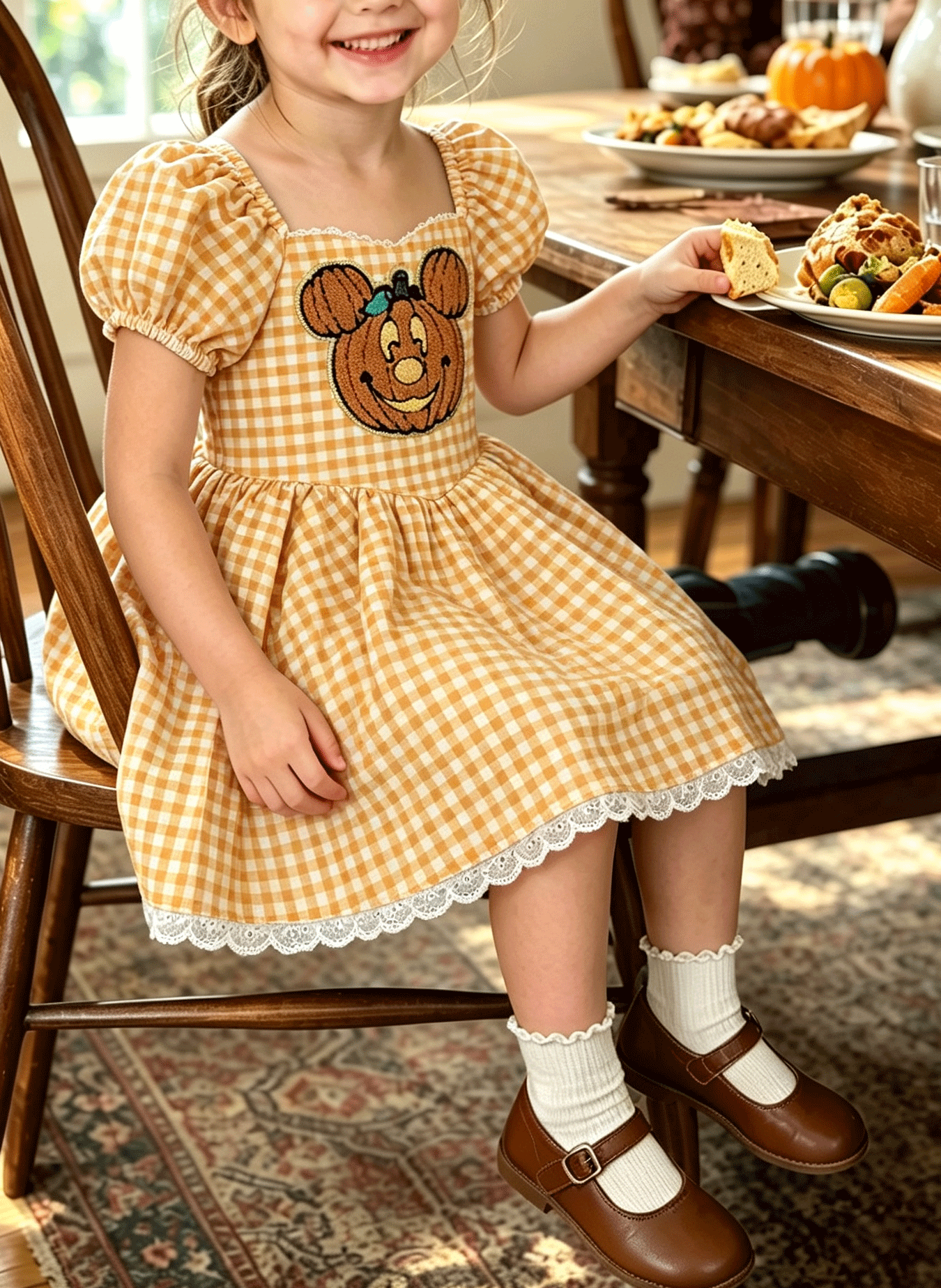 Little Girls Fall Halloween Pumpkin Applique Gingham Dress with Lace Hem