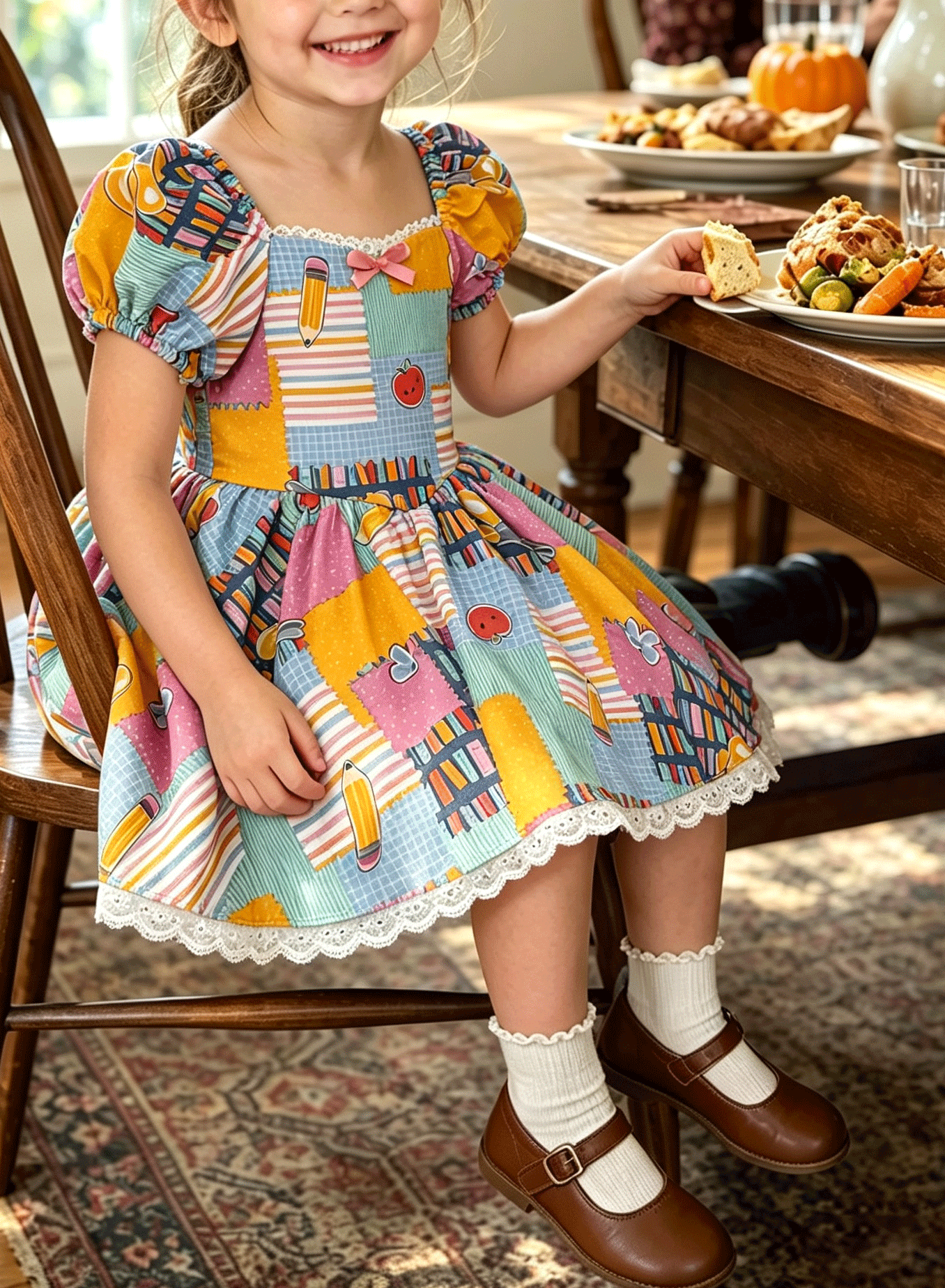Little Girls Vibrant Cartoon Print Square Neck Bow Dress