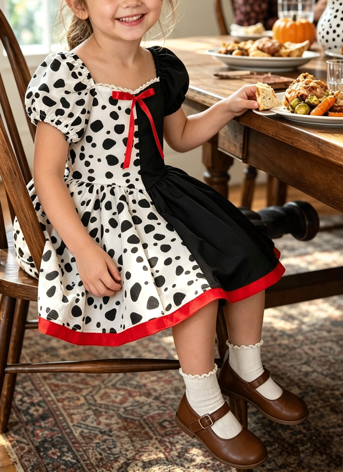 Little Girls Halloween Dalmatian Print Color Block Puff Sleeve Bow Twirl Dress