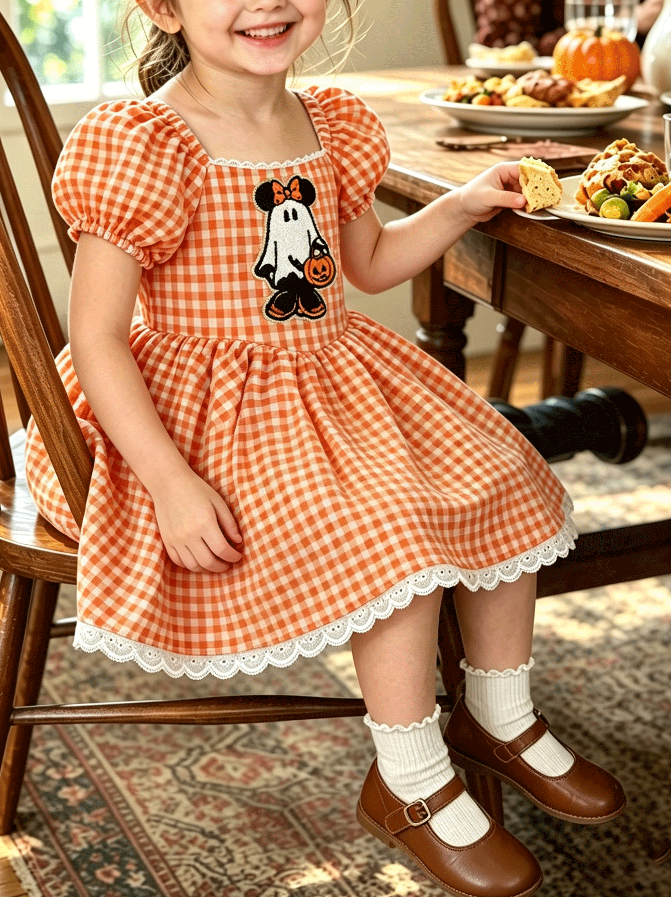Toddler Halloween Orange Gingham Puff Sleeve Dress