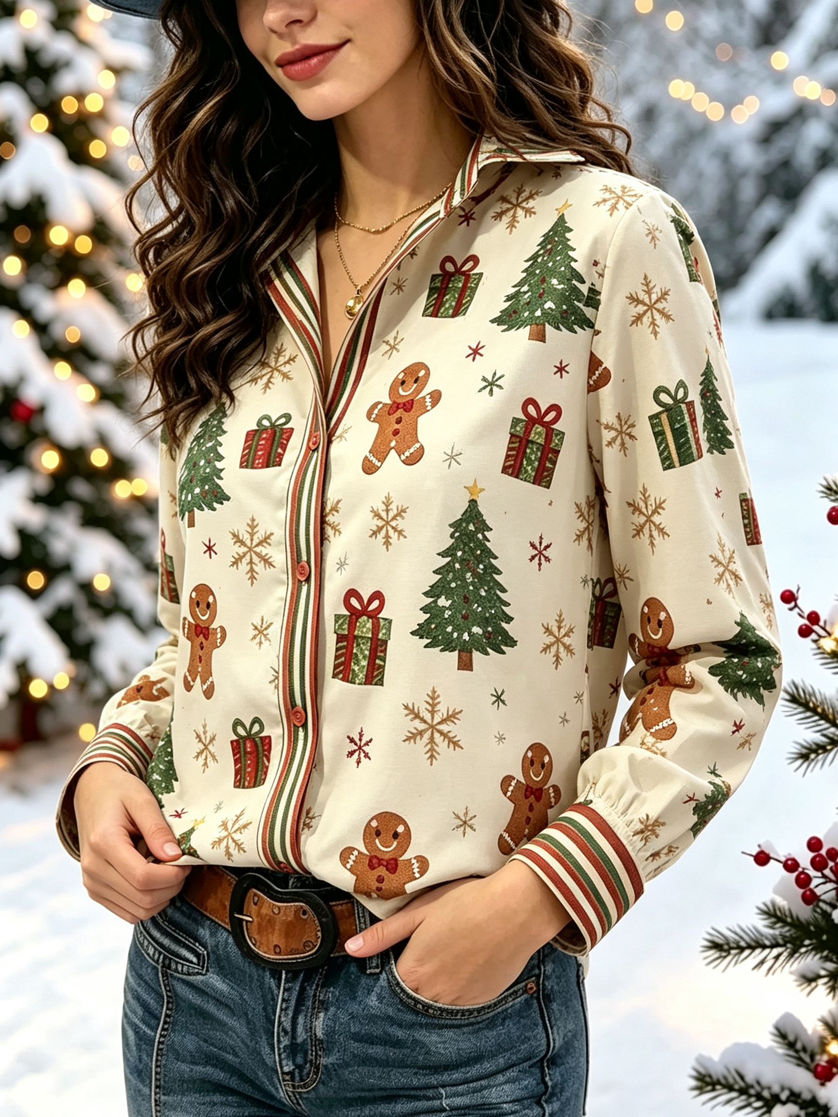 Gingerbread & Gifts Holiday Stripe-Trim Button-Down Blouse