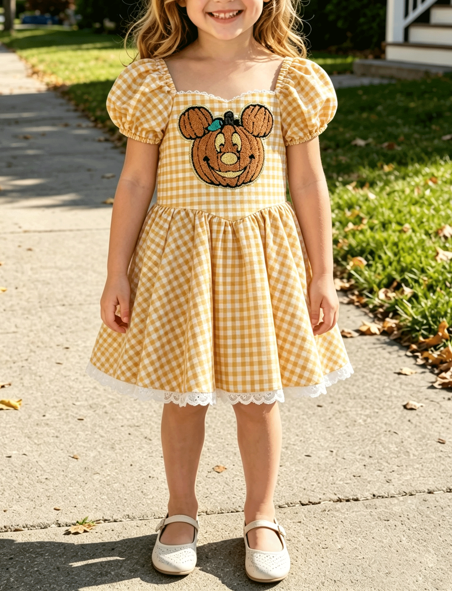 Little Girls Fall Halloween Pumpkin Applique Gingham Dress with Lace Hem
