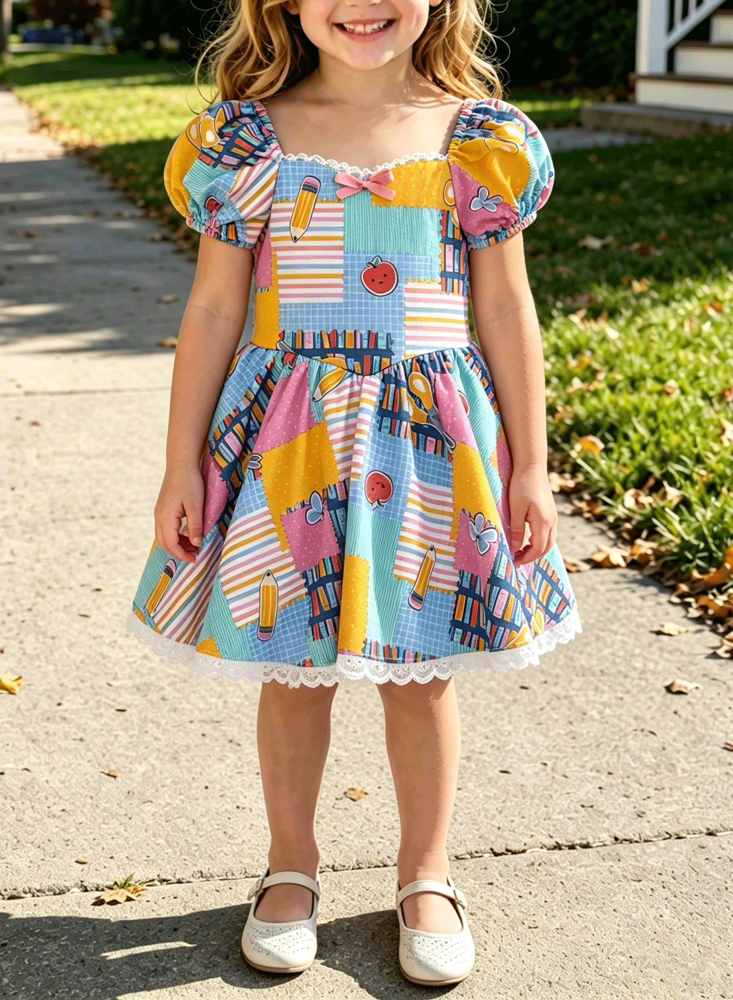 Little Girls Vibrant Cartoon Print Square Neck Bow Dress