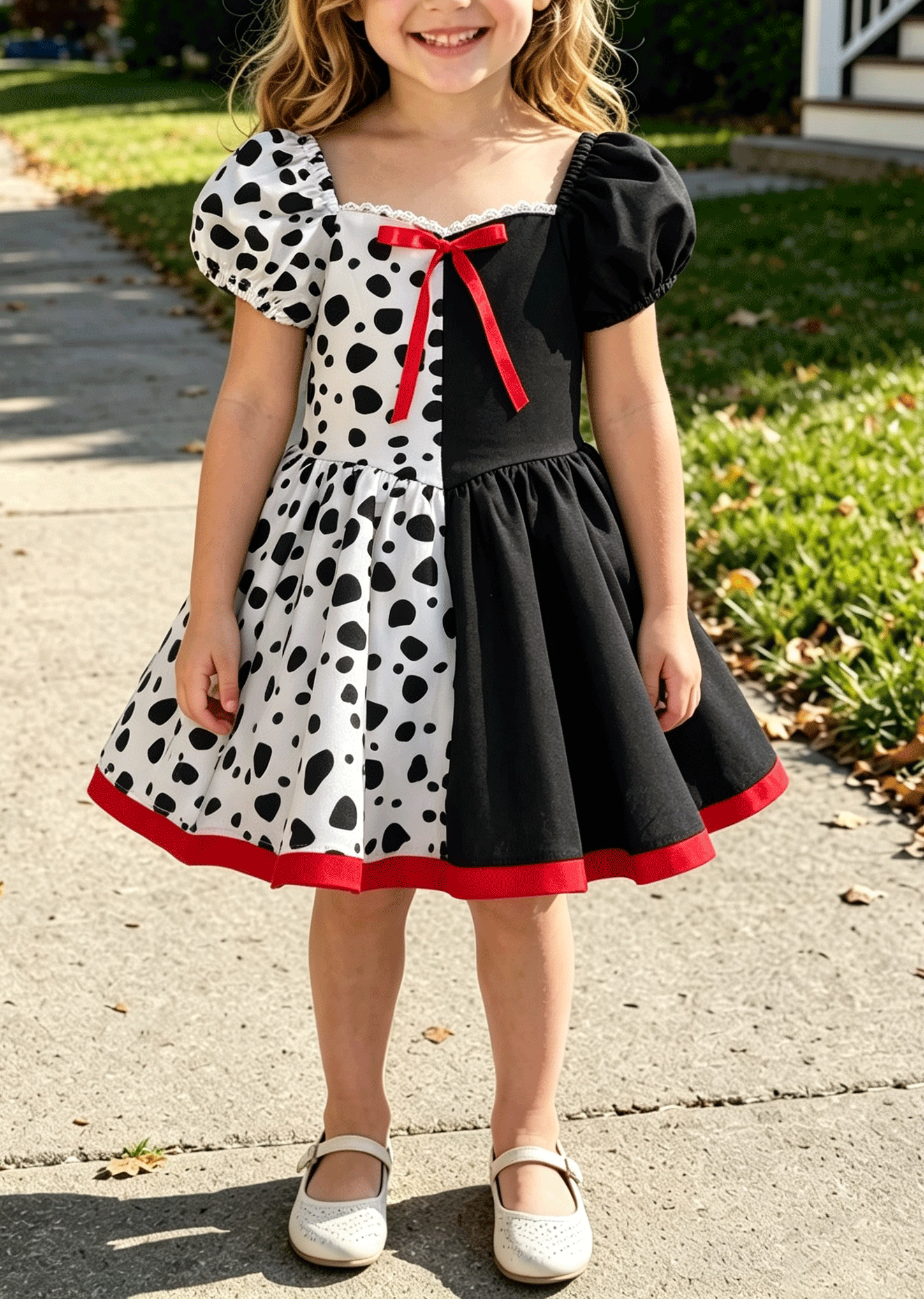 Little Girls Halloween Dalmatian Print Color Block Puff Sleeve Bow Twirl Dress
