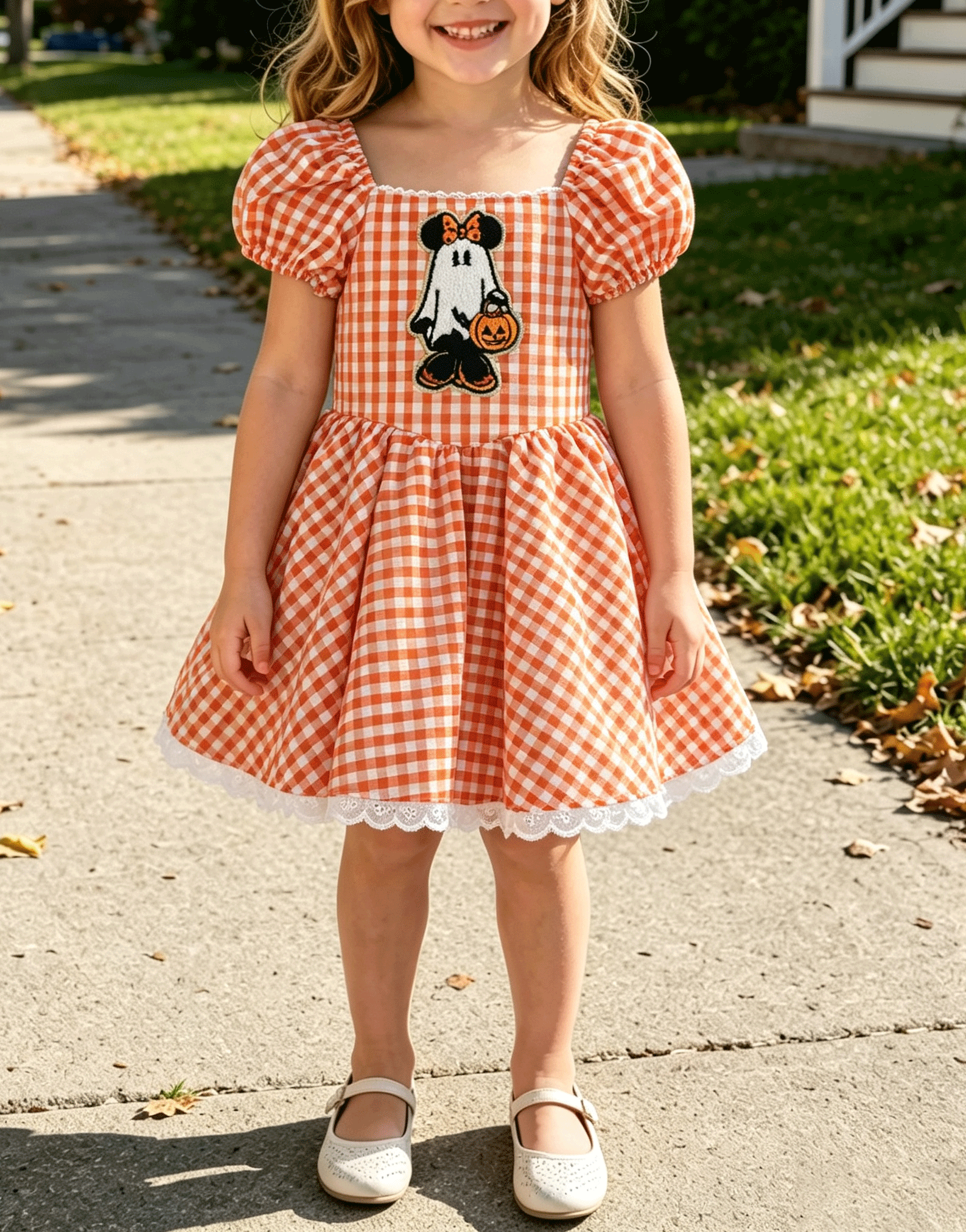 Toddler Halloween Orange Gingham Puff Sleeve Dress