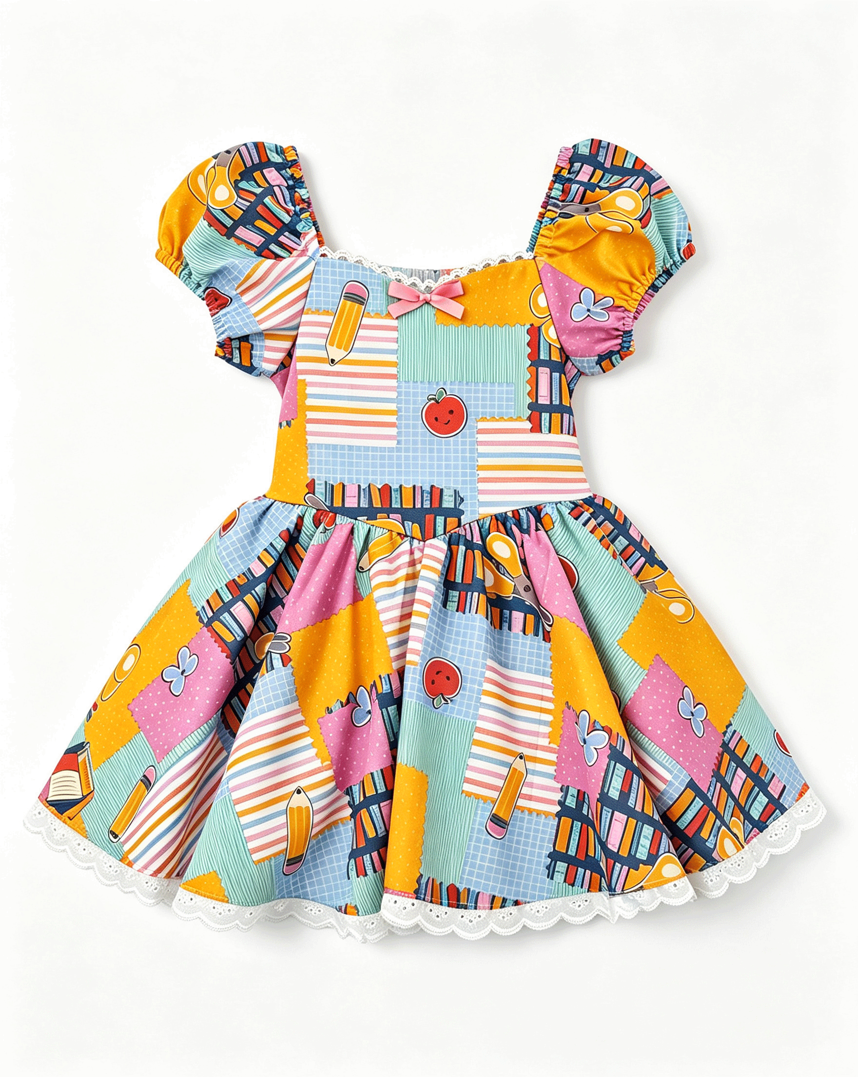 Little Girls Vibrant Cartoon Print Square Neck Bow Dress