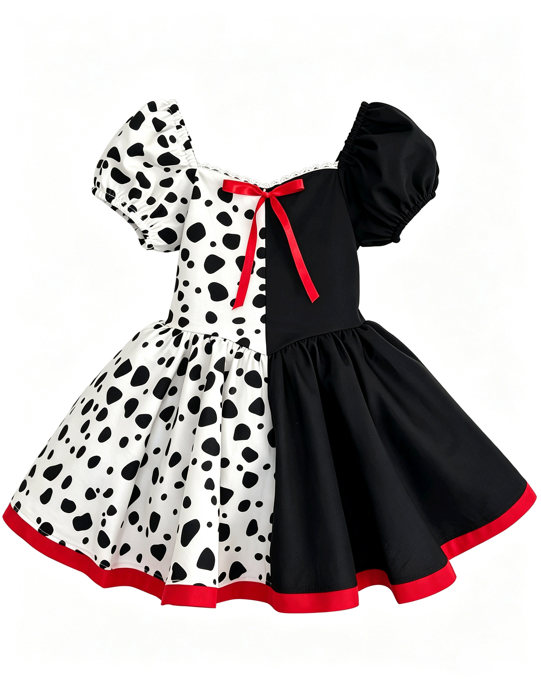 Little Girls Halloween Dalmatian Print Color Block Puff Sleeve Bow Twirl Dress