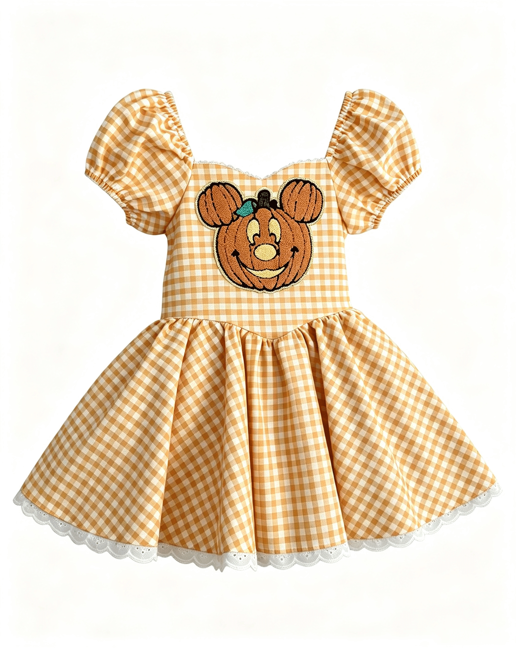 Little Girls Fall Halloween Pumpkin Applique Gingham Dress with Lace Hem