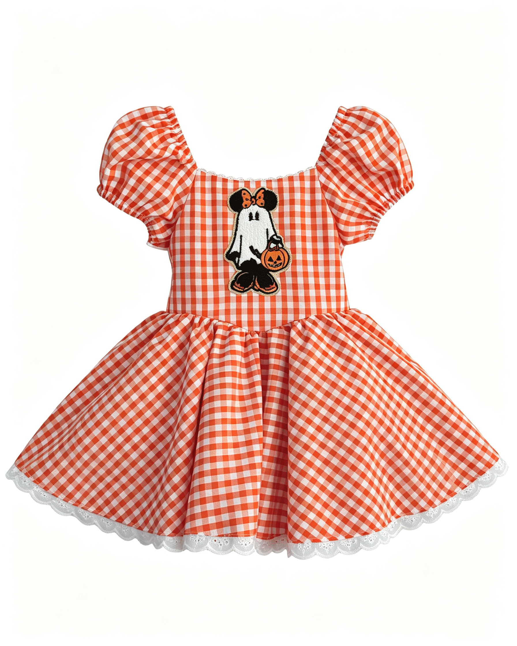 Toddler Halloween Orange Gingham Puff Sleeve Dress