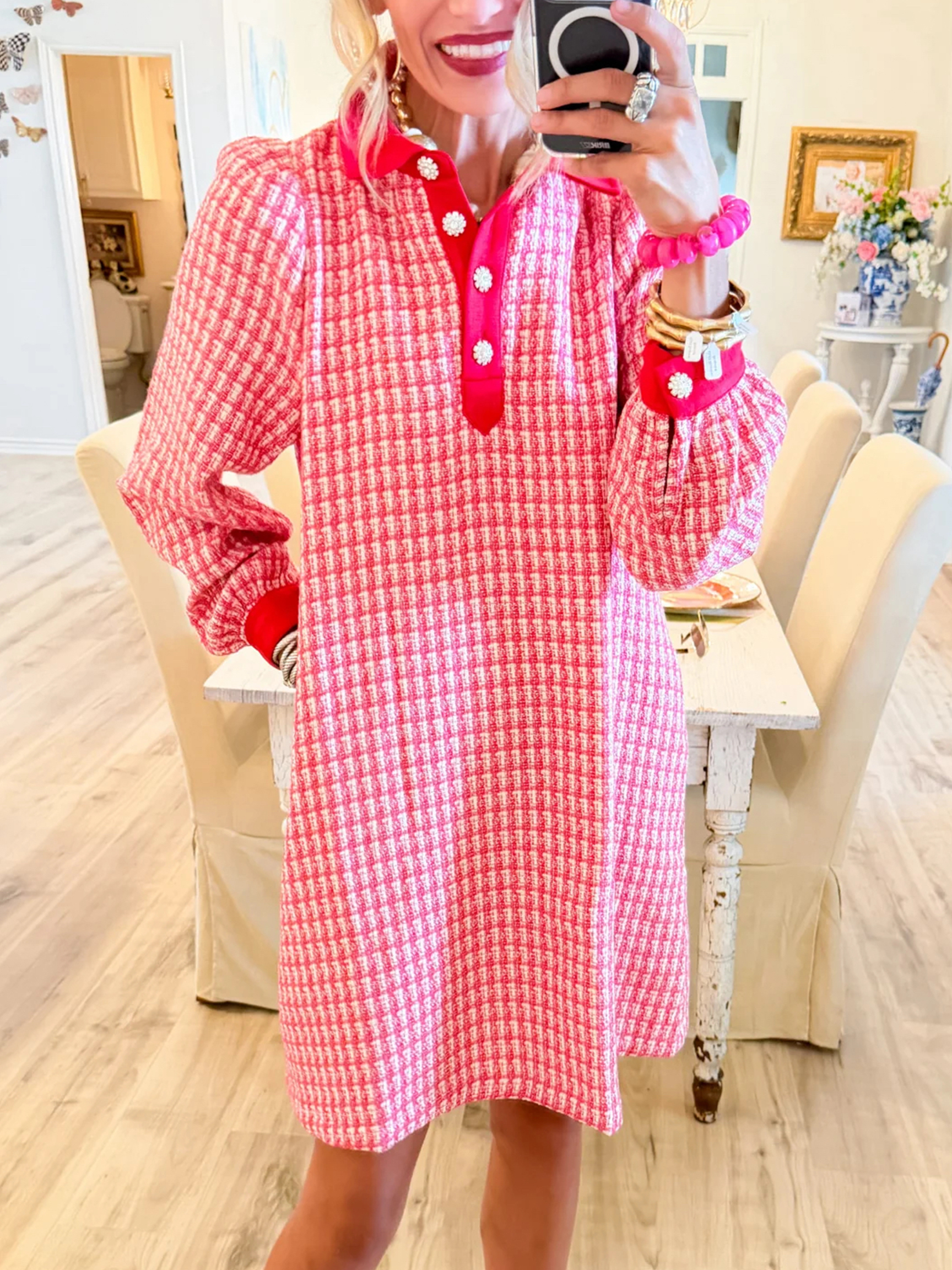 Blushing Gingham Popover Mini Dress - Red Contrast Collar Long Sleeve